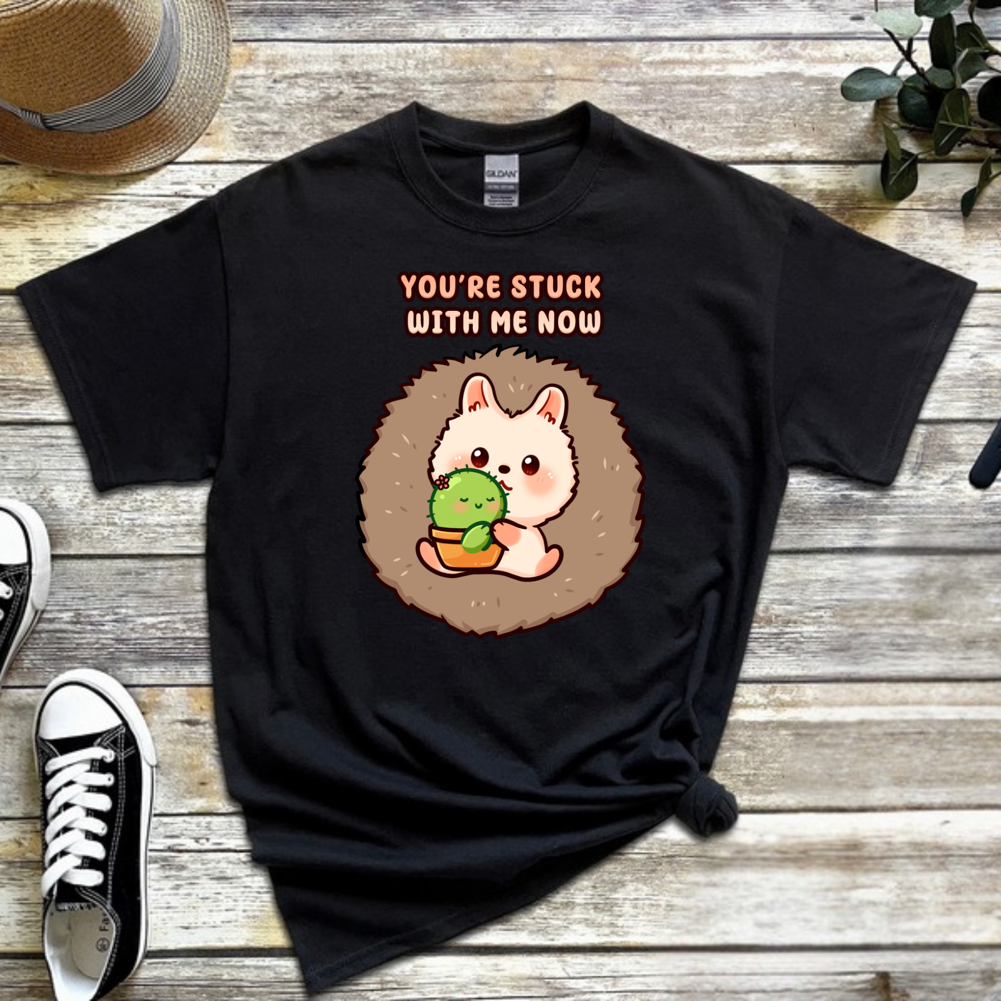 You_re Stuck with Me Now Porcupine and Succulent Cactus Couple T-Shirt
