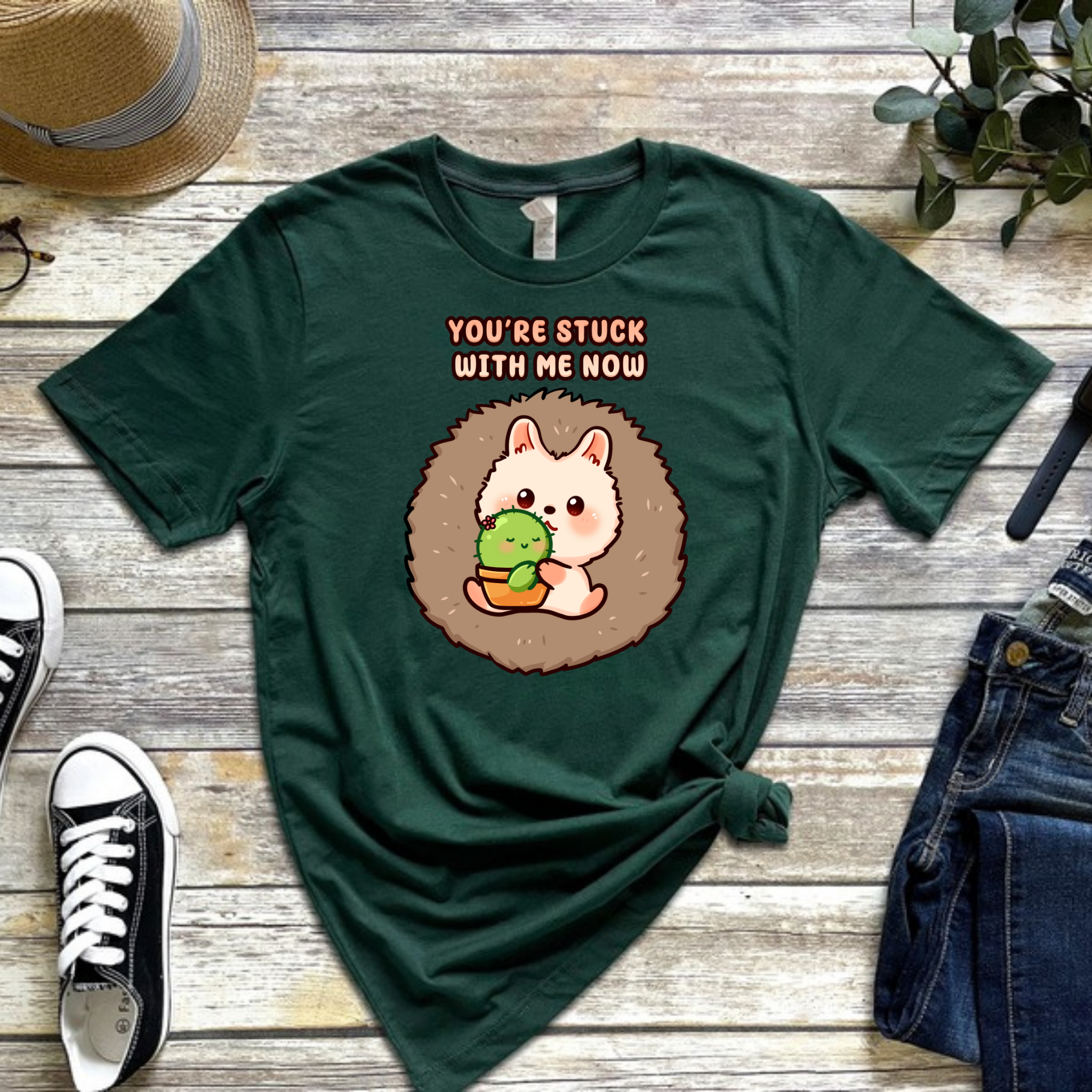 You_re Stuck with Me Now Porcupine and Succulent Cactus Couple T-Shirt