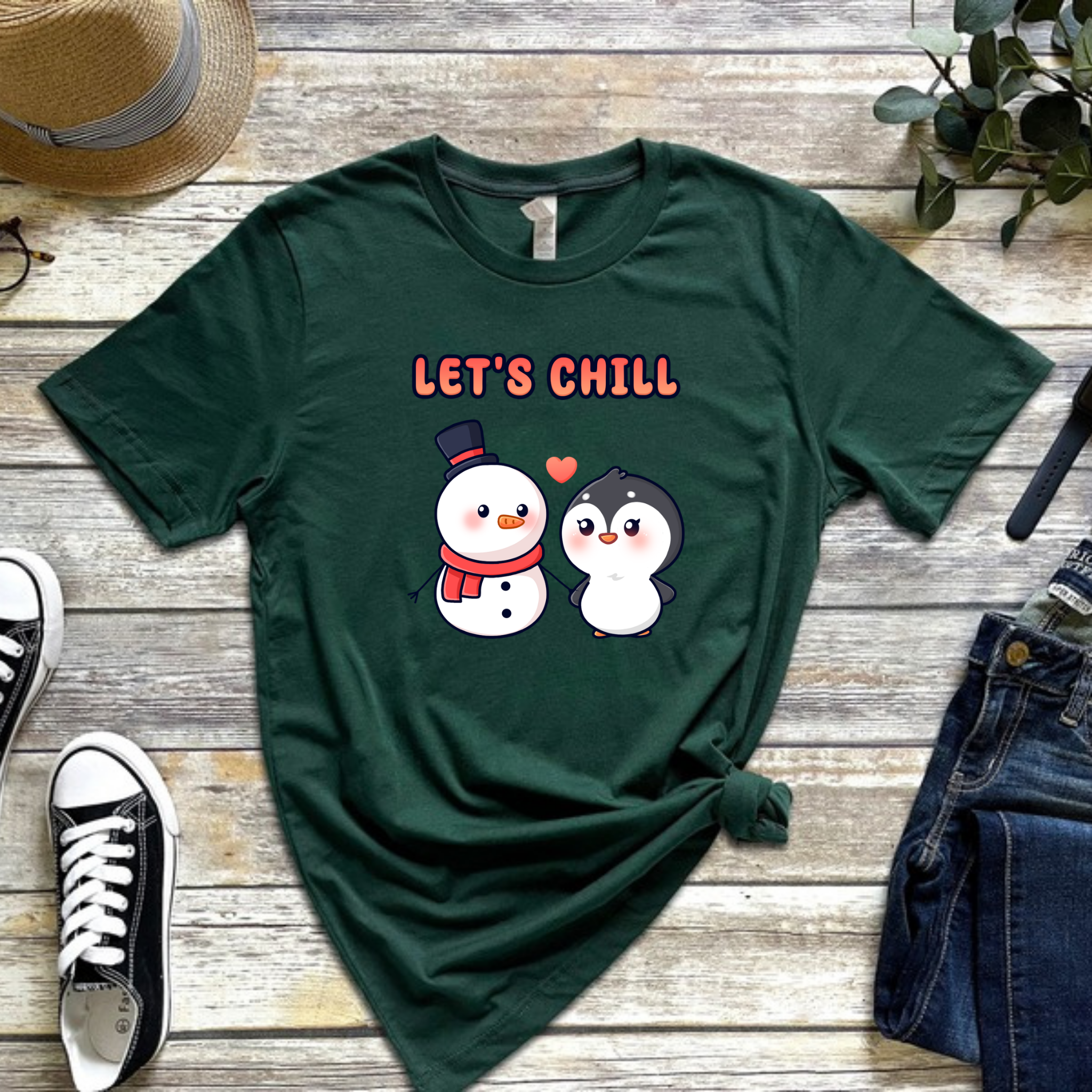 Let's Chill Snowman and Penguin Couple T-Shirt