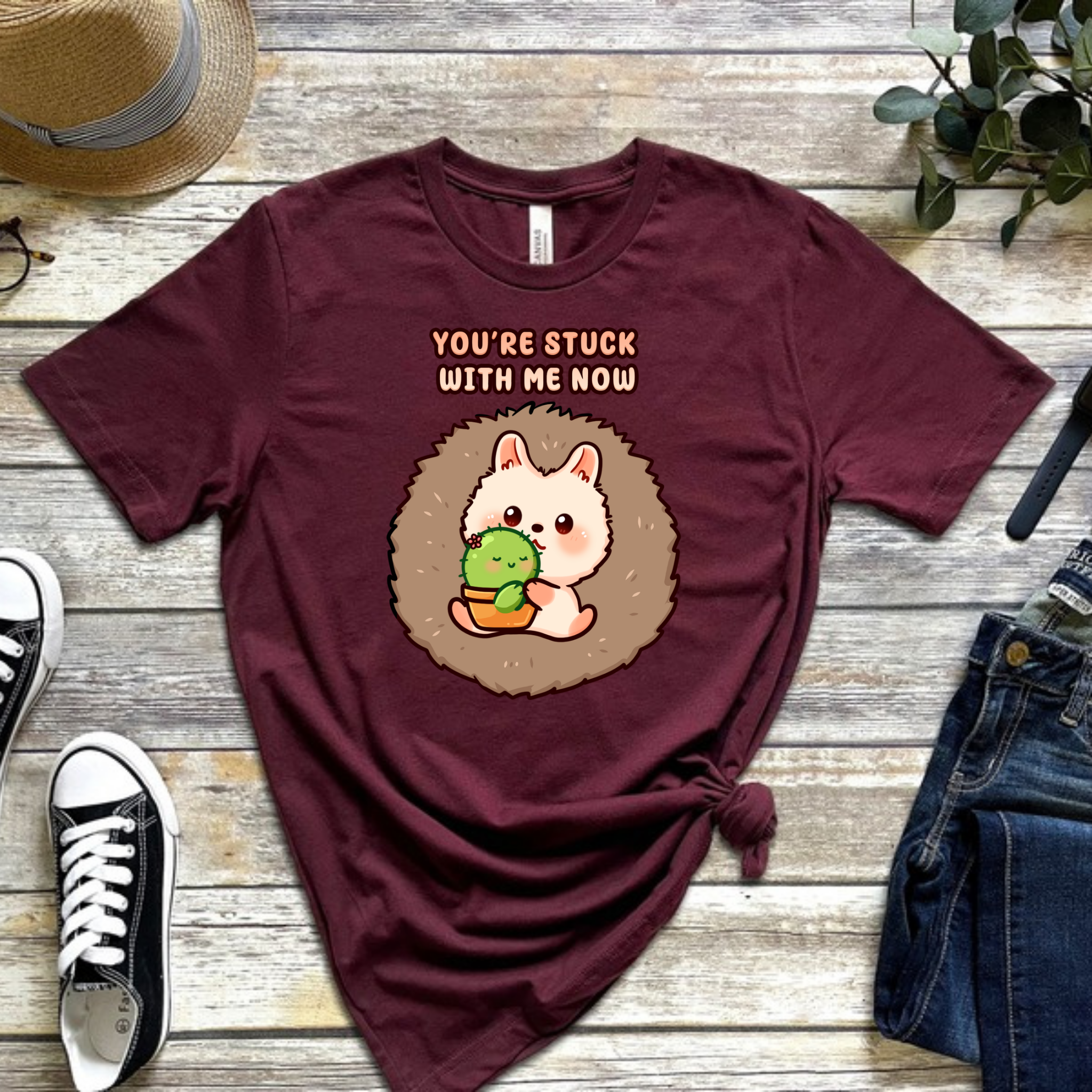 You_re Stuck with Me Now Porcupine and Succulent Cactus Couple T-Shirt