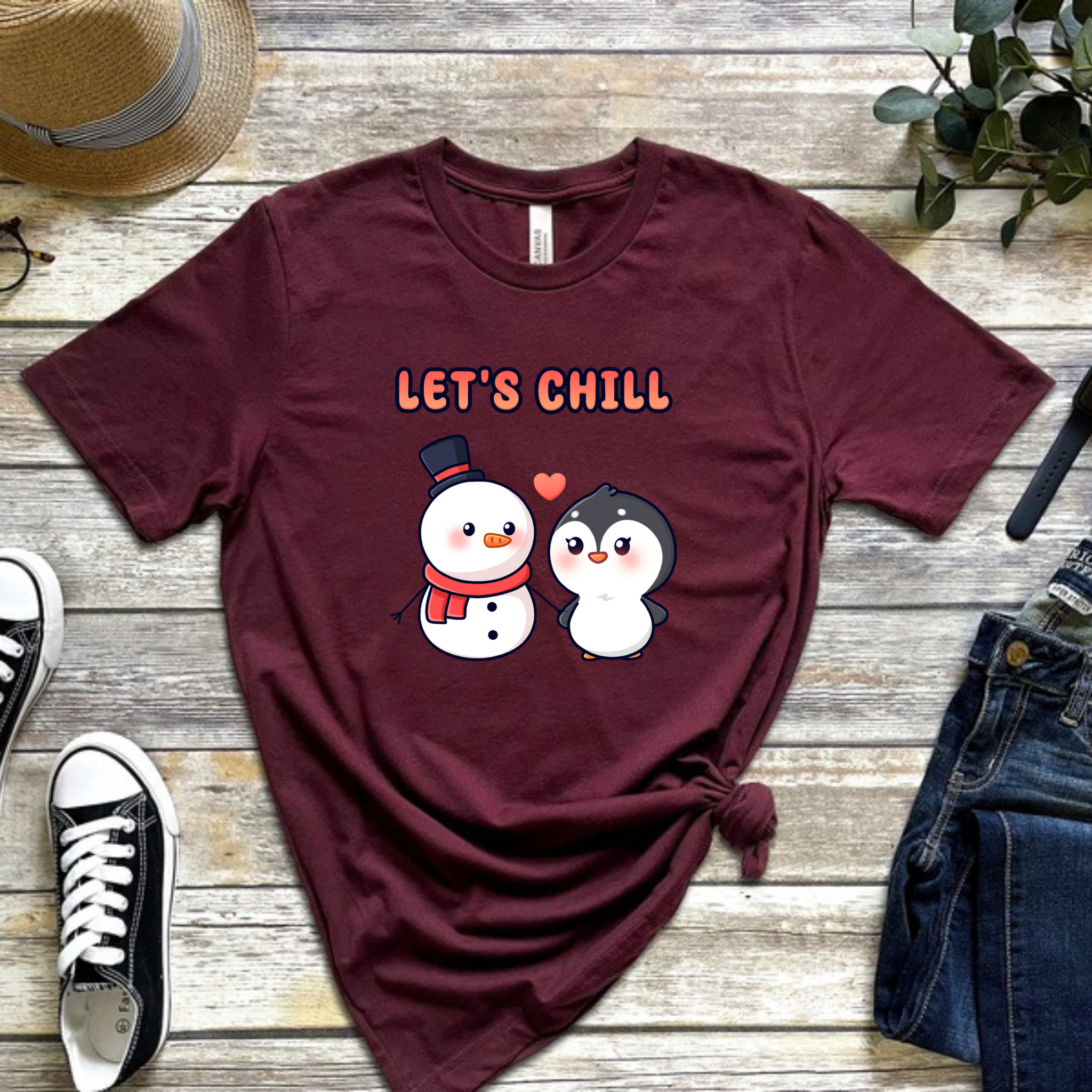 Let's Chill Snowman and Penguin Couple T-Shirt