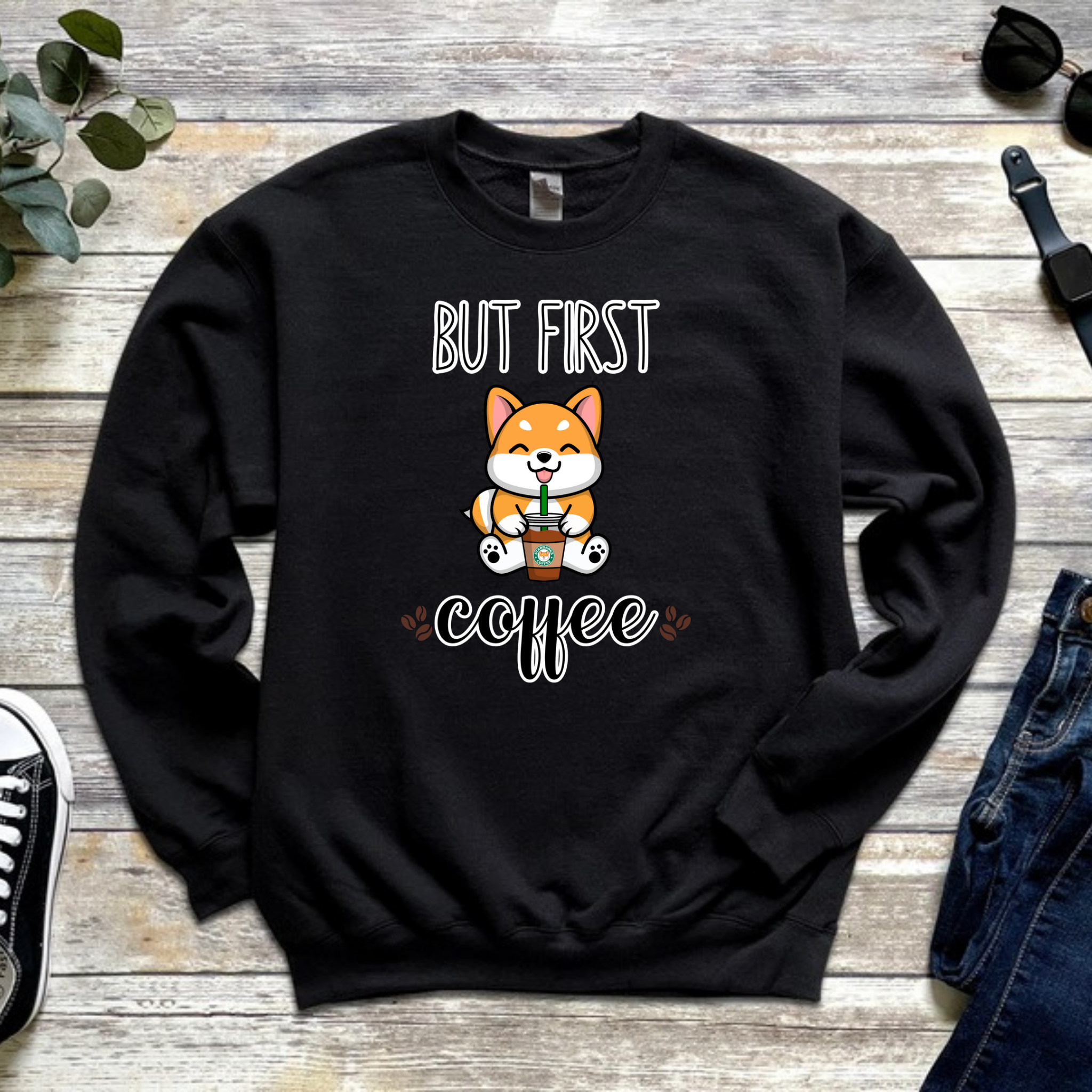 But First Coffee Puppy with Coffee (Tongue) Sweatshirt
