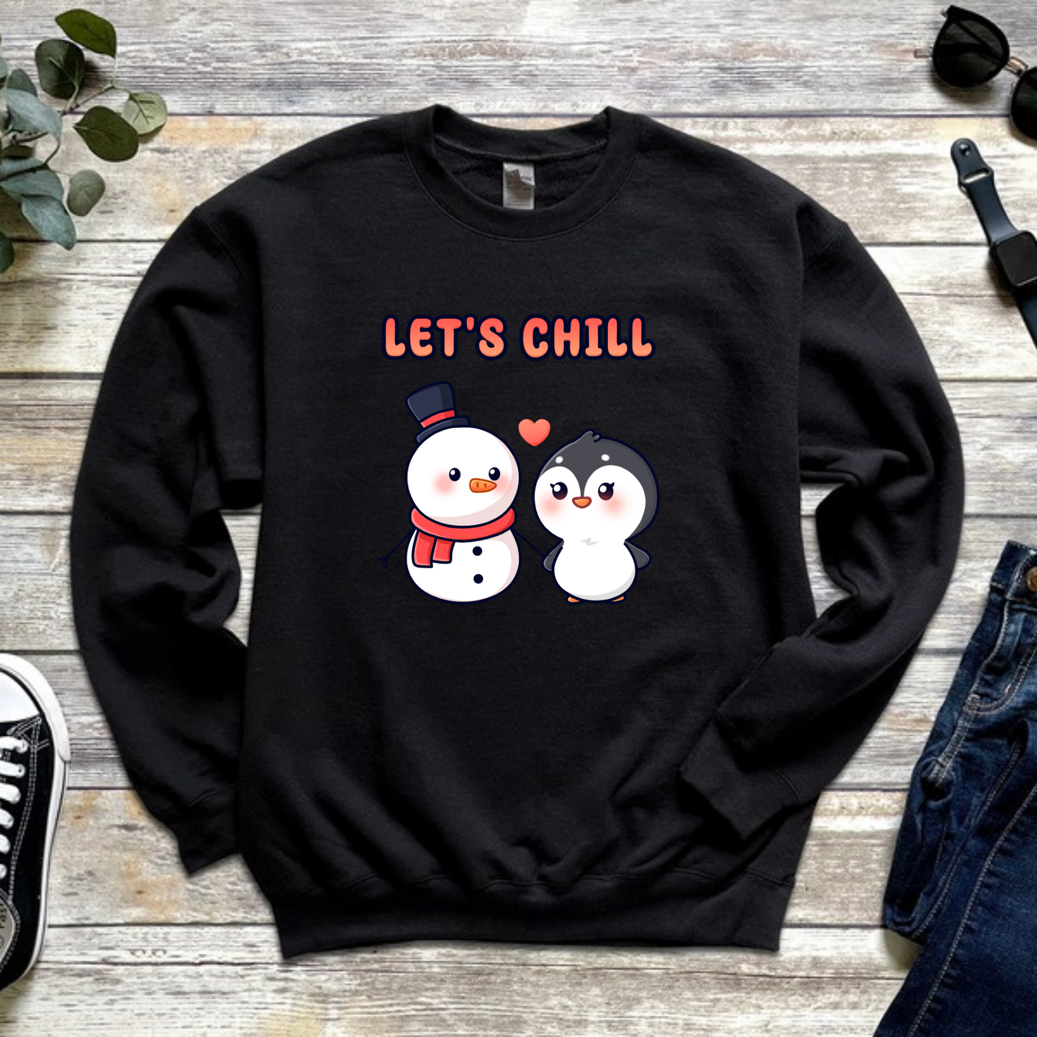 Let's Chill Snowman and Penguin Couple Sweatshirt