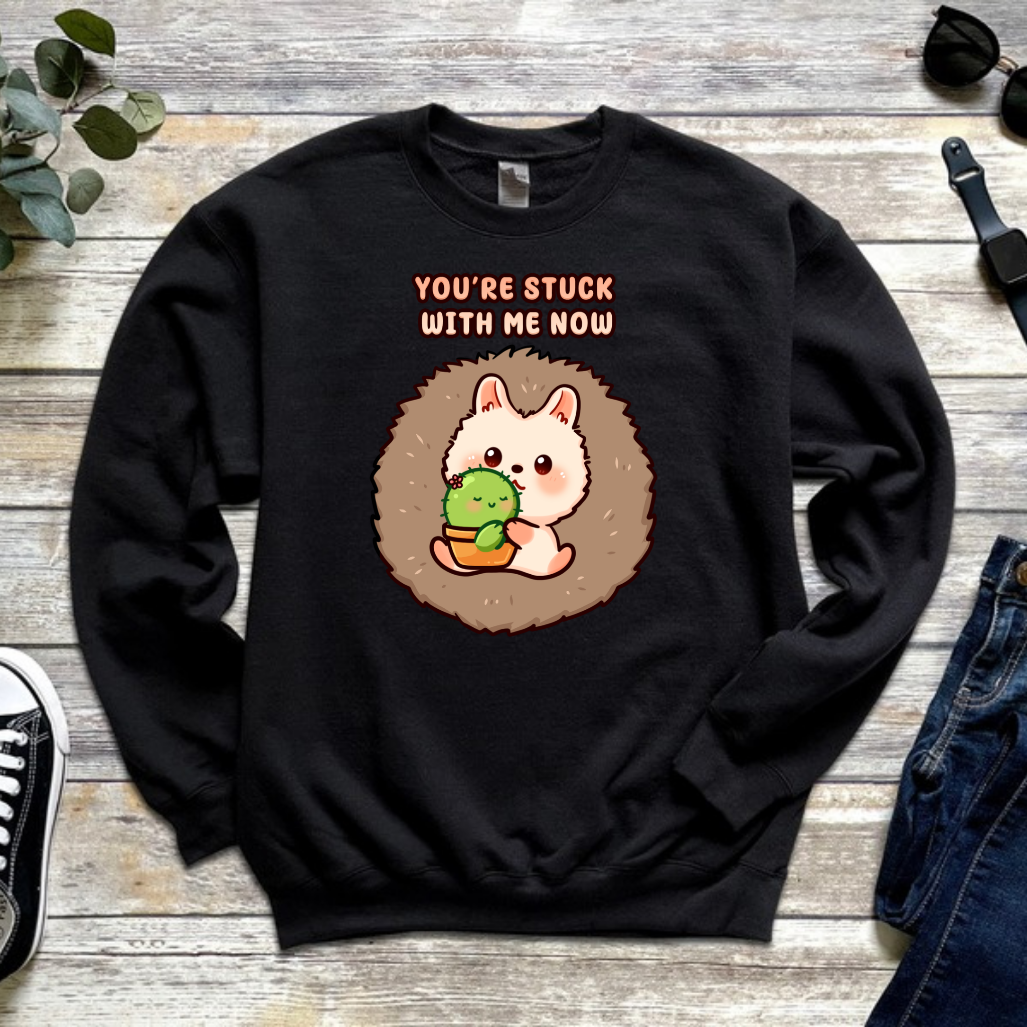 You're Stuck with Me Now Porcupine and Succulent Cactus Couple Sweatshirt