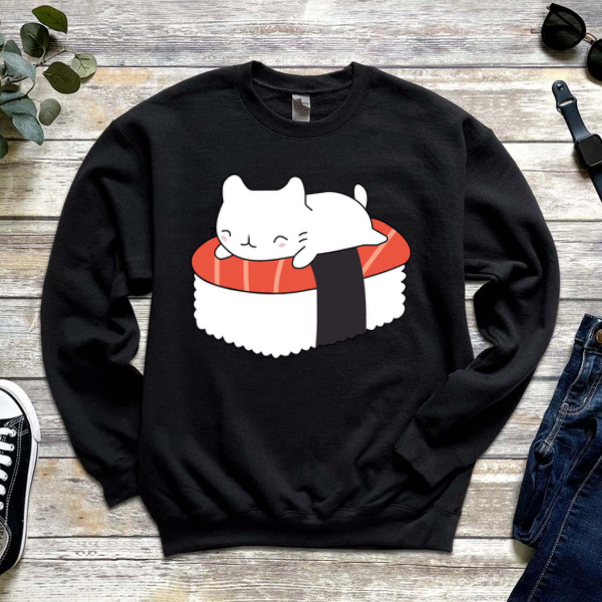 White Kitten on Sushi Bed Sweatshirt