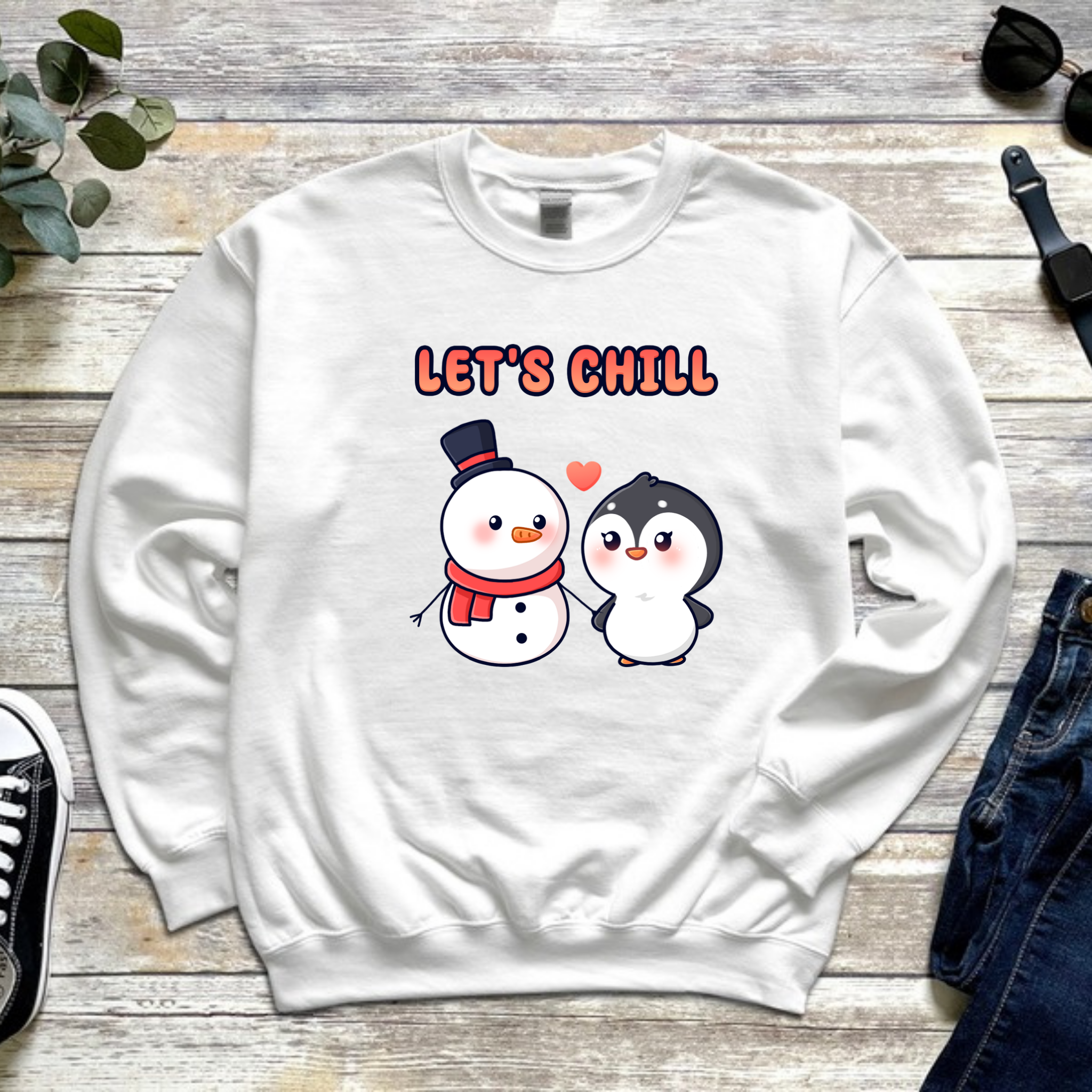 Let's Chill Snowman and Penguin Couple Sweatshirt