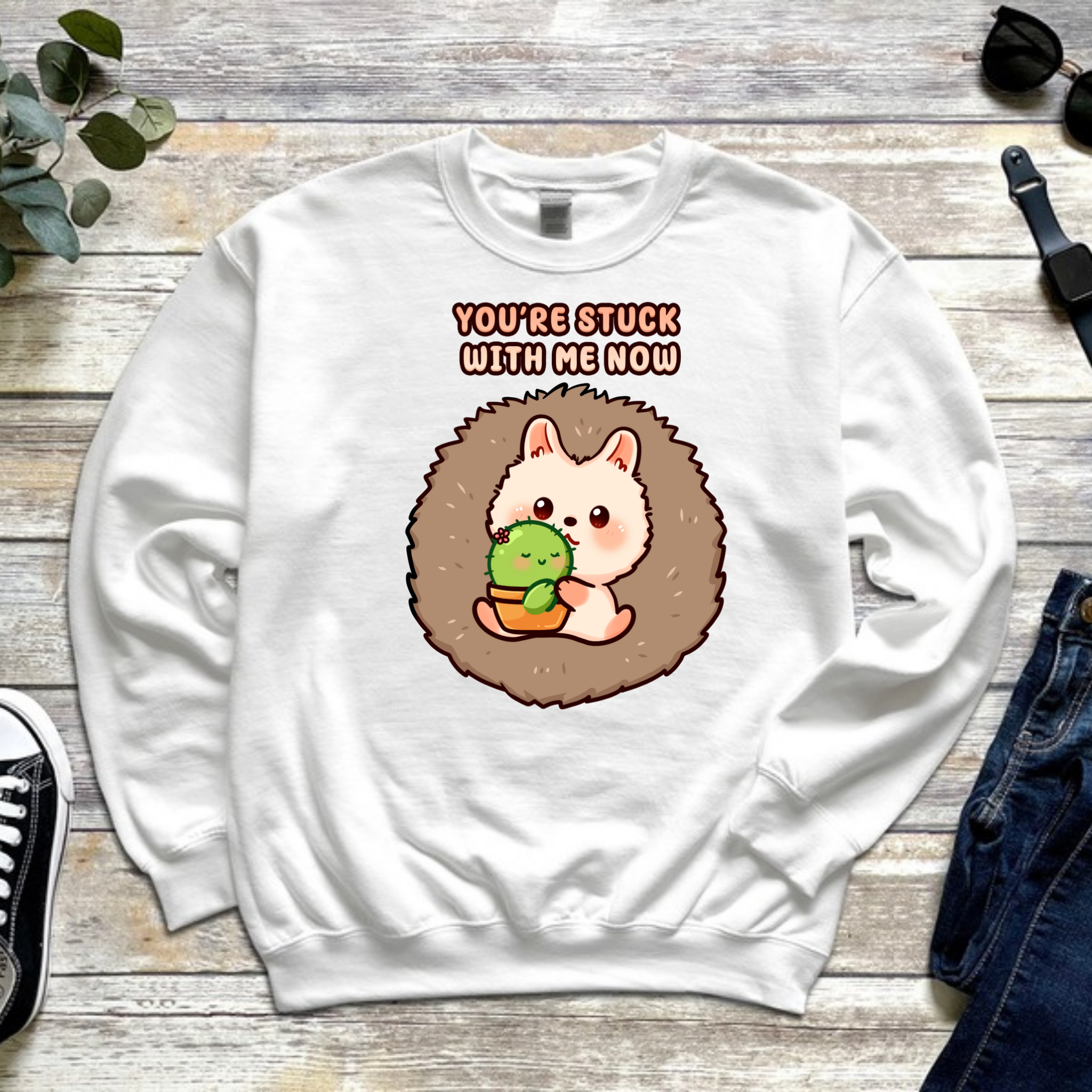 You're Stuck with Me Now Porcupine and Succulent Cactus Couple Sweatshirt