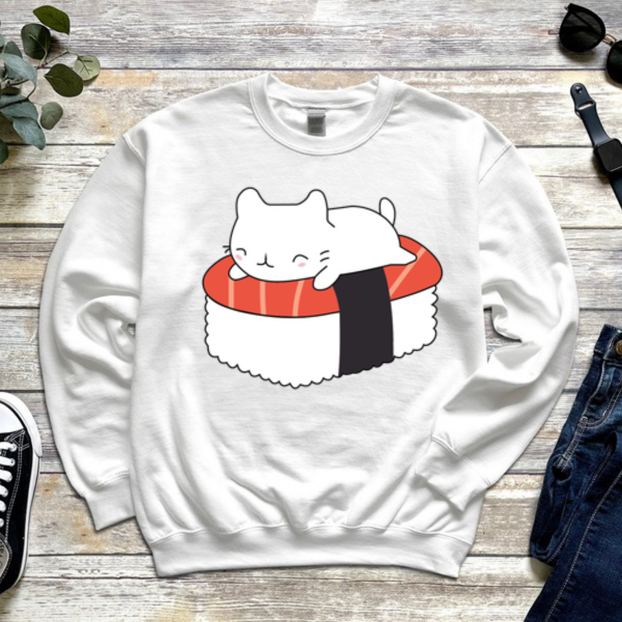 White Kitten on Sushi Bed Sweatshirt