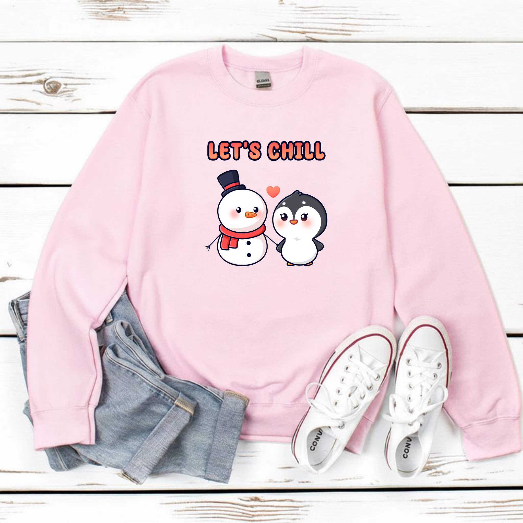 Let's Chill Snowman and Penguin Couple Sweatshirt