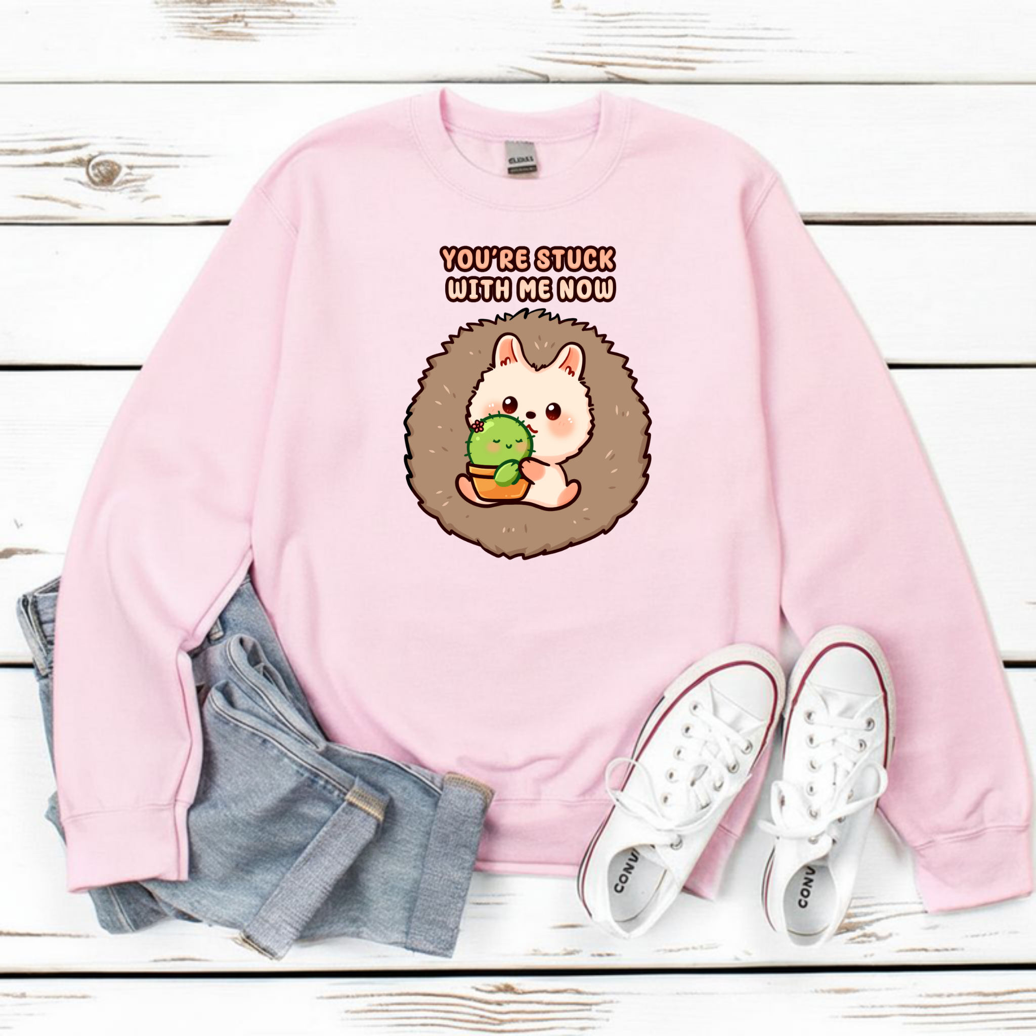 You're Stuck with Me Now Porcupine and Succulent Cactus Couple Sweatshirt