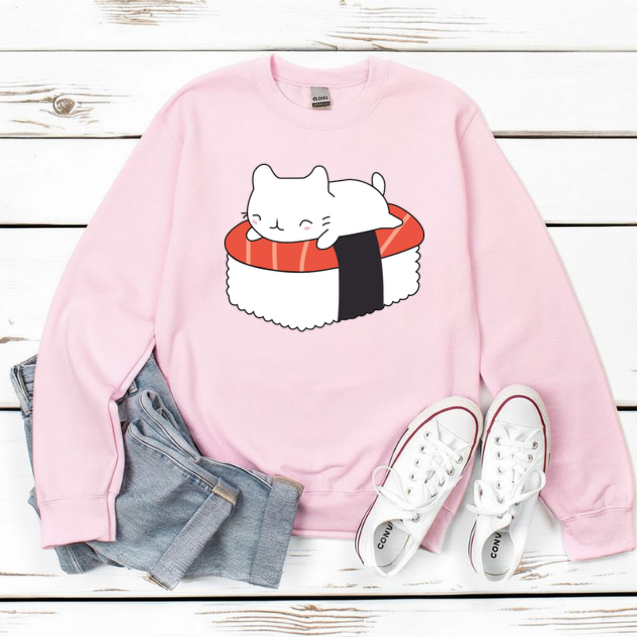 White Kitten on Sushi Bed Sweatshirt