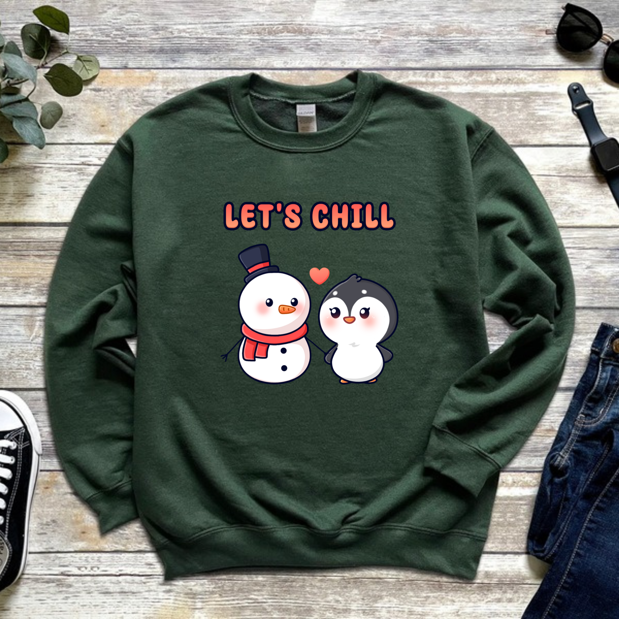 Let's Chill Snowman and Penguin Couple Sweatshirt