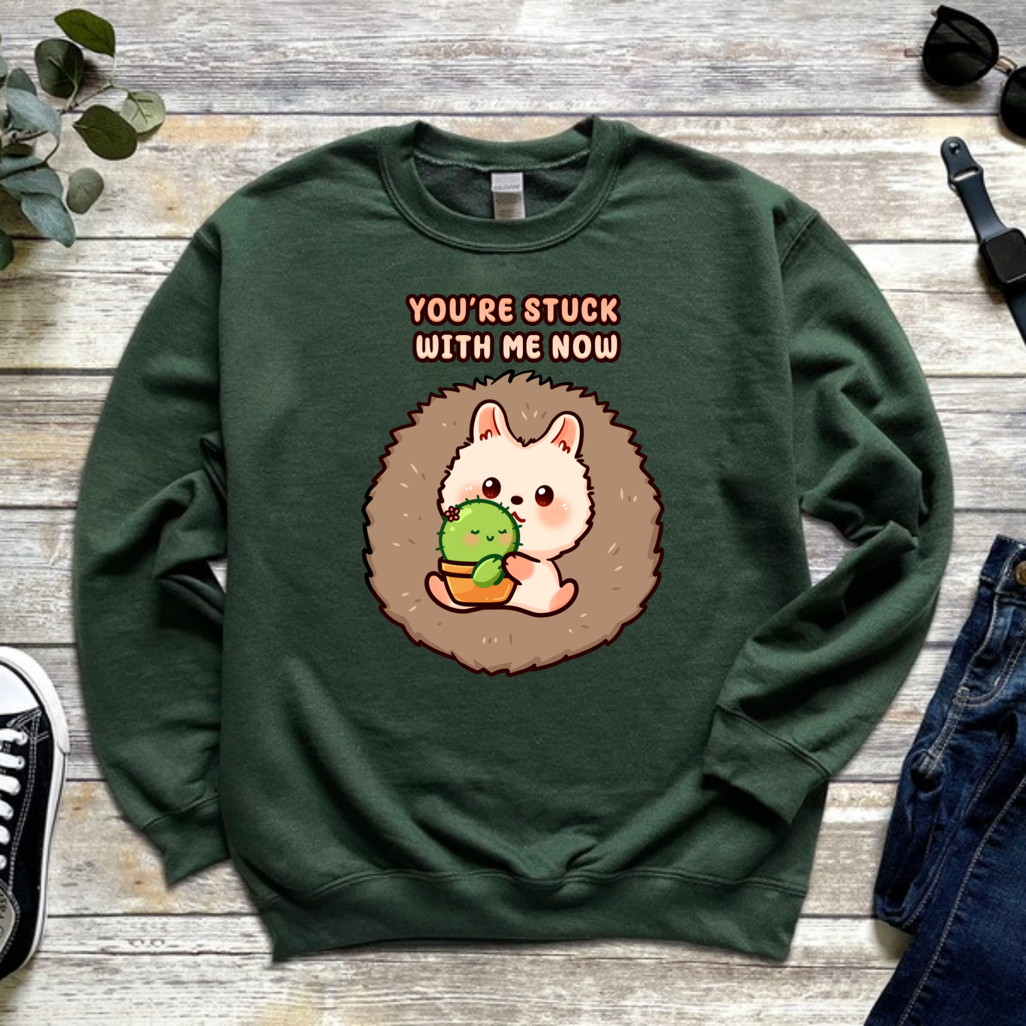 You're Stuck with Me Now Porcupine and Succulent Cactus Couple Sweatshirt