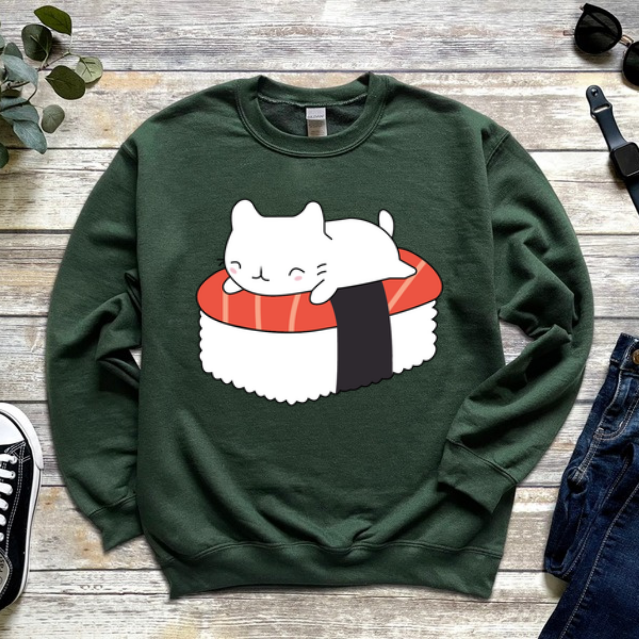 White Kitten on Sushi Bed Sweatshirt