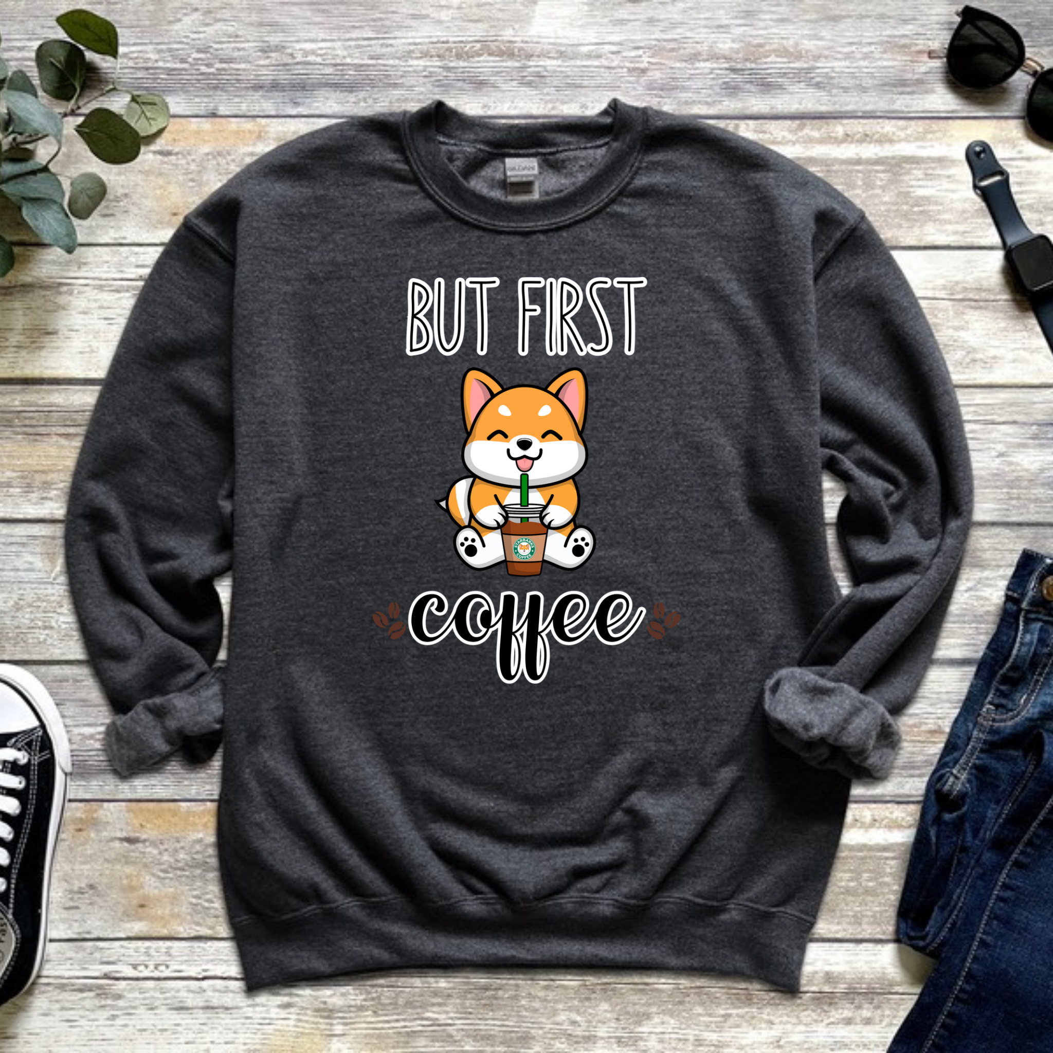 But First Coffee Puppy with Coffee (Tongue) Sweatshirt