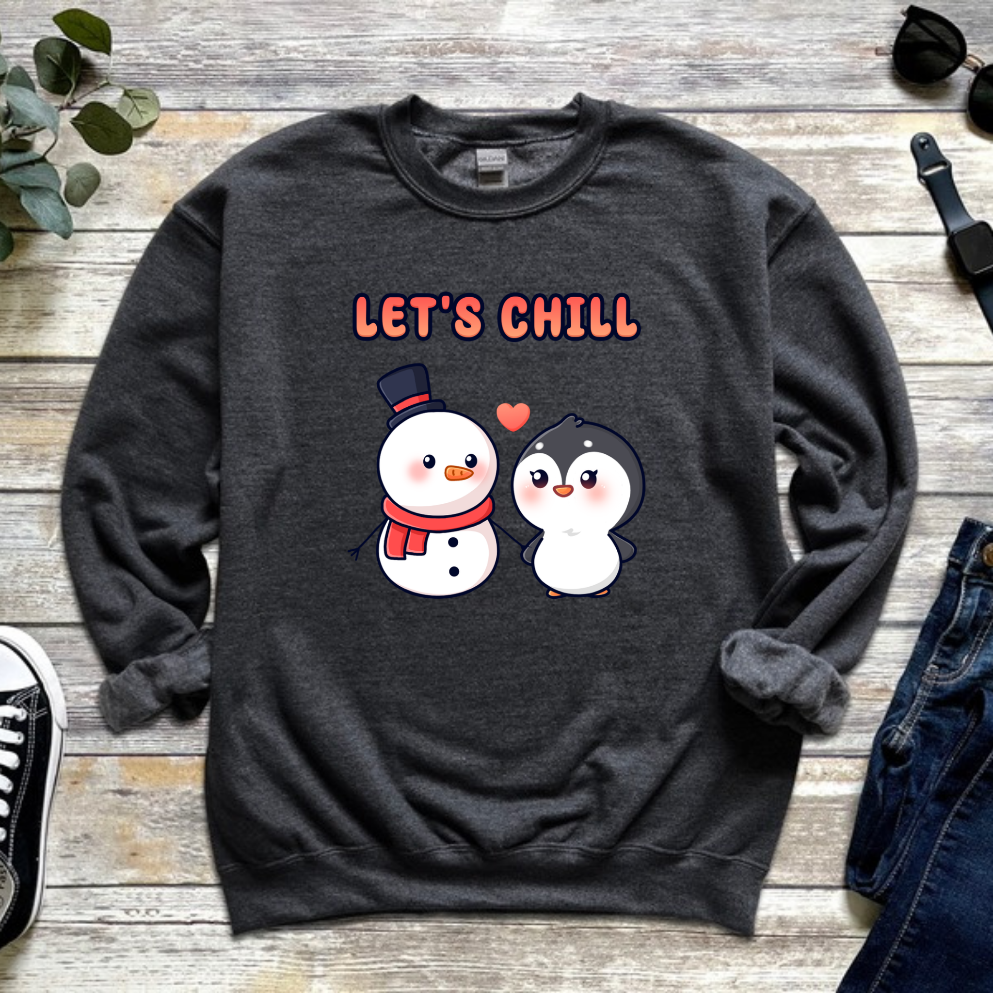 Let's Chill Snowman and Penguin Couple Sweatshirt