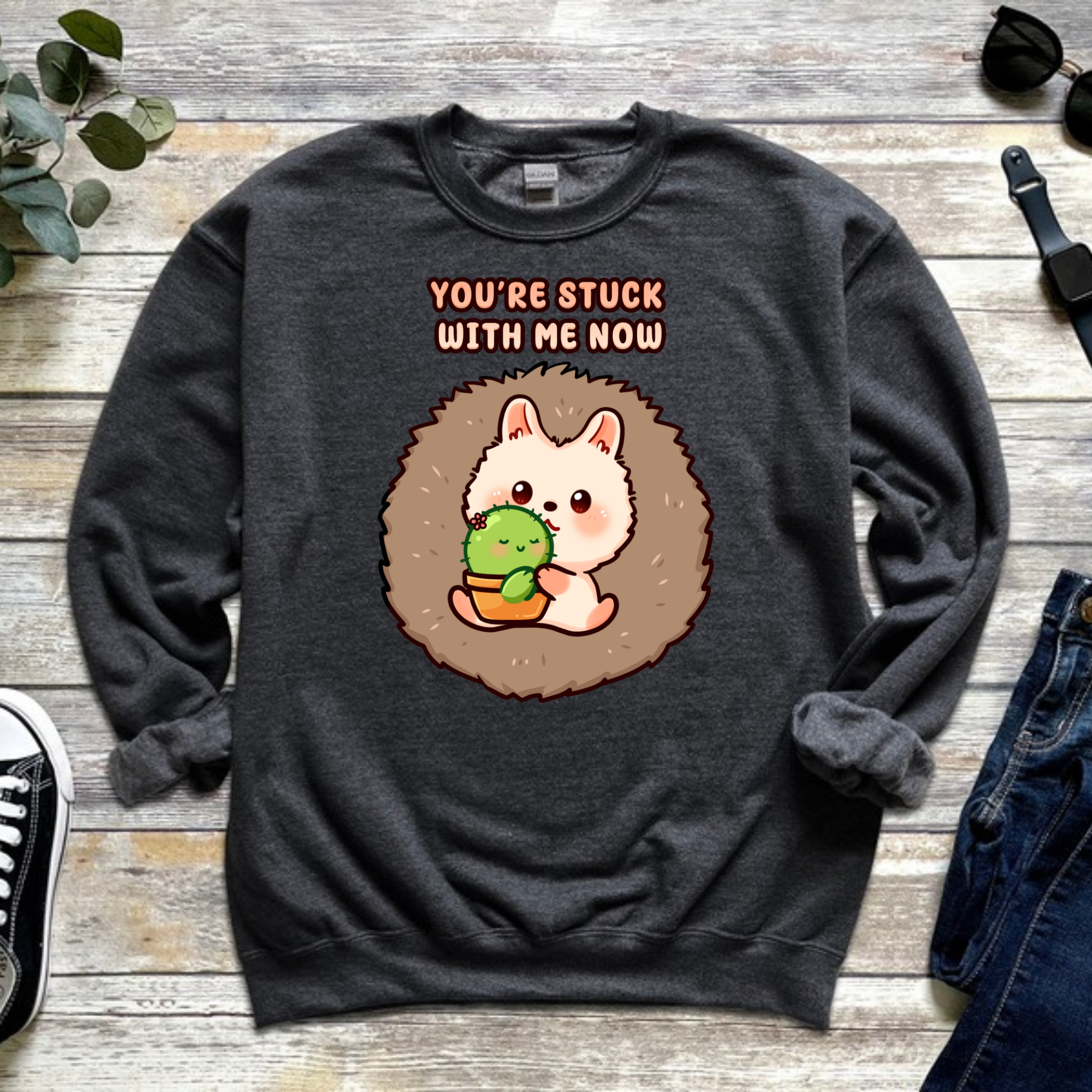 You're Stuck with Me Now Porcupine and Succulent Cactus Couple Sweatshirt