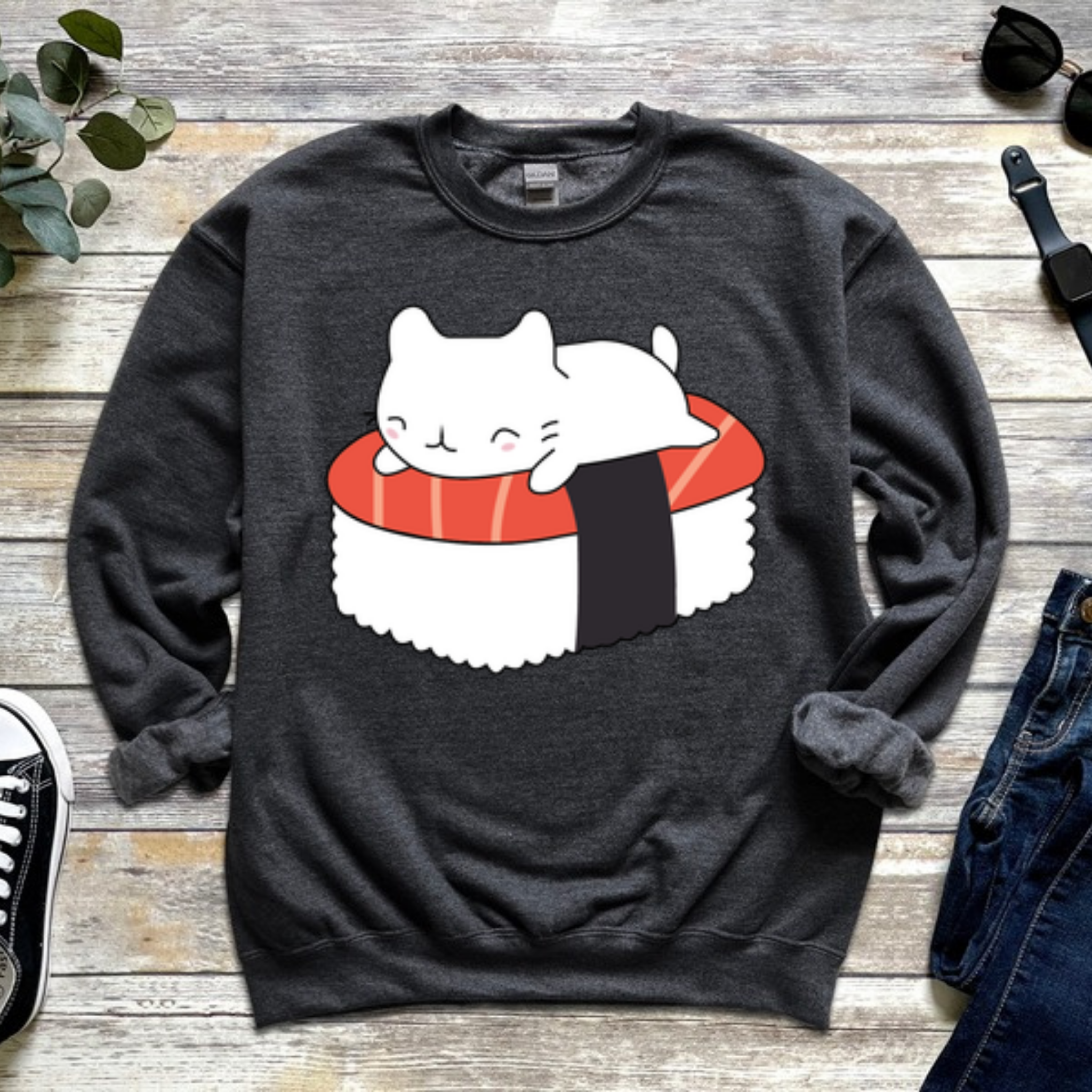 White Kitten on Sushi Bed Sweatshirt