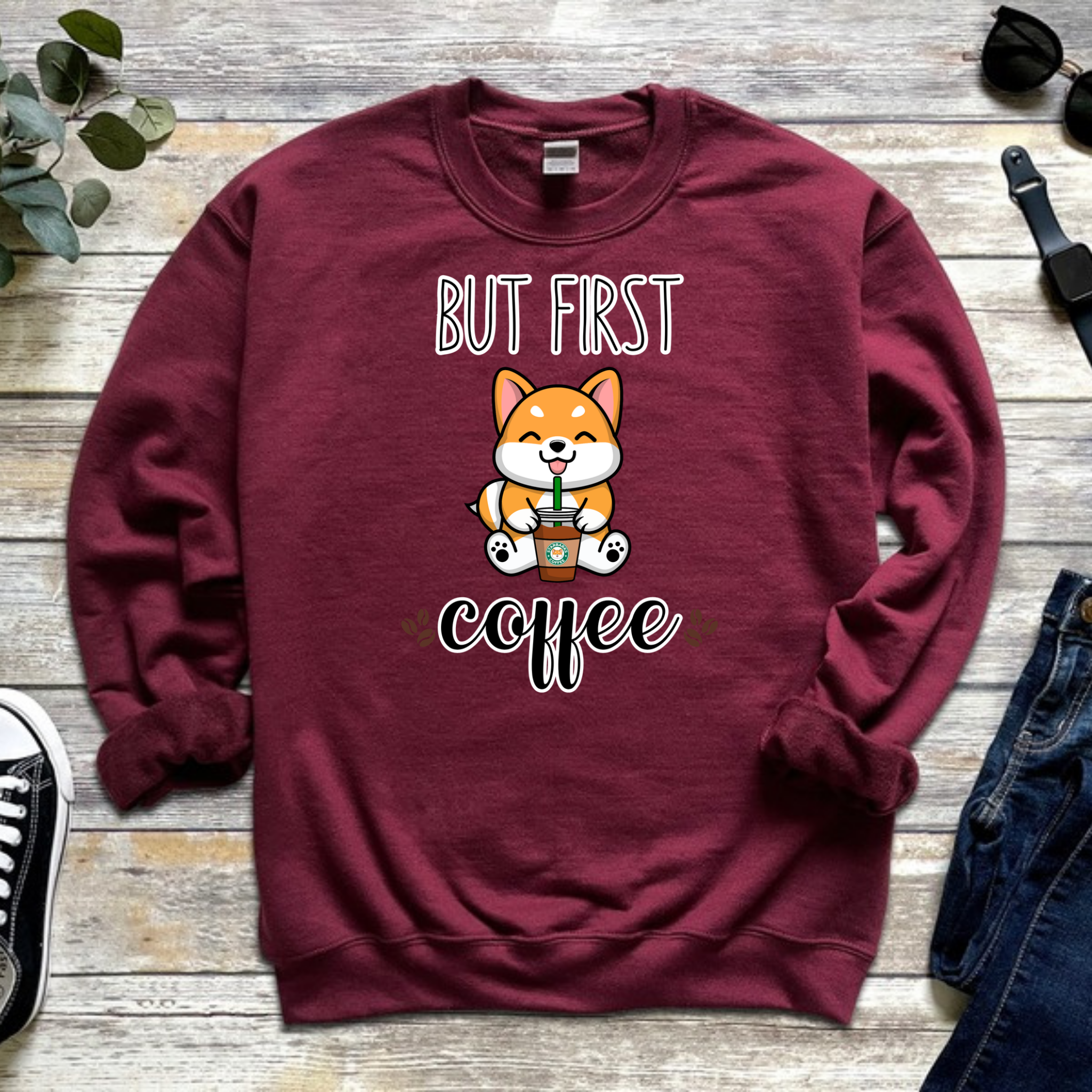 But First Coffee Puppy with Coffee (Tongue) Sweatshirt