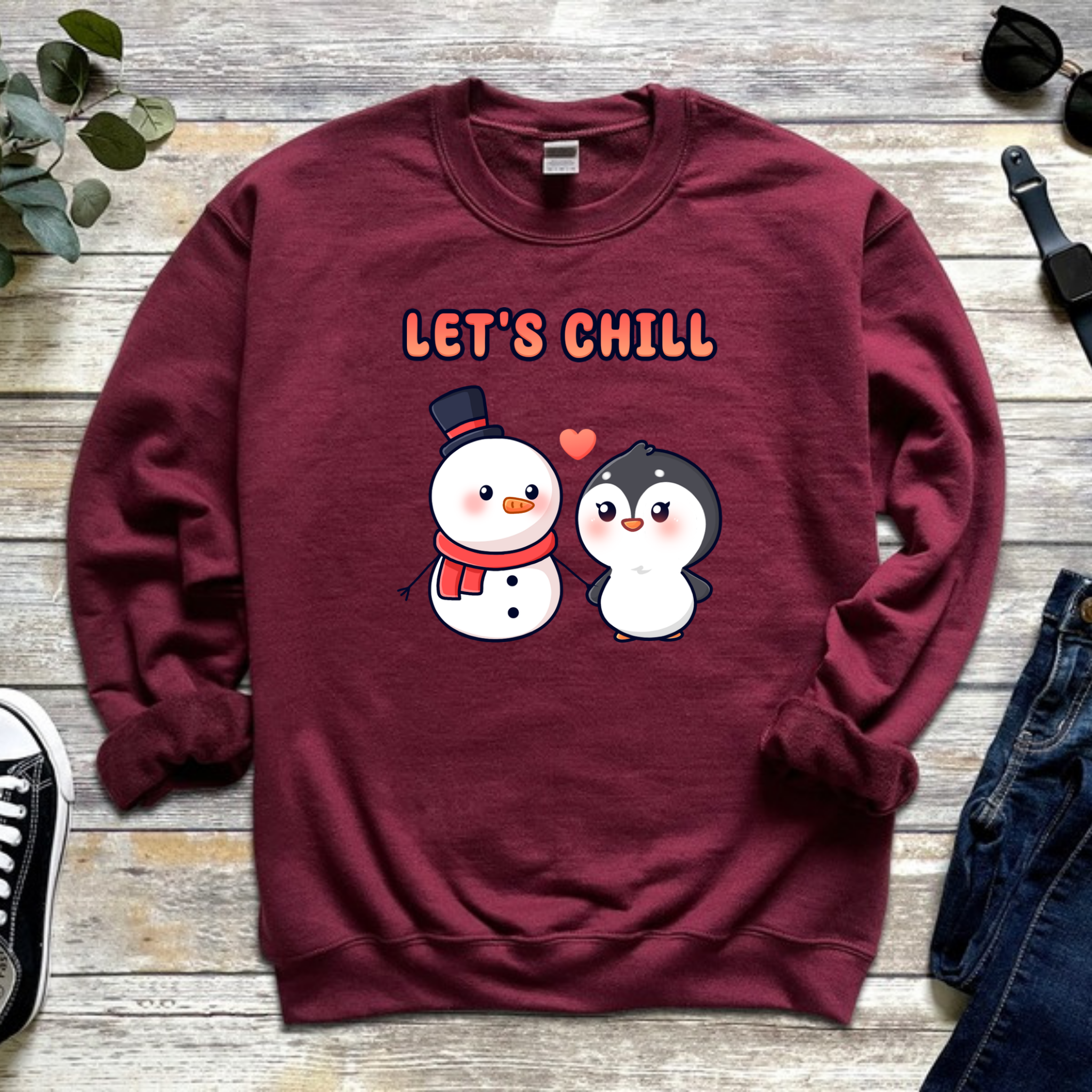Let's Chill Snowman and Penguin Couple Sweatshirt