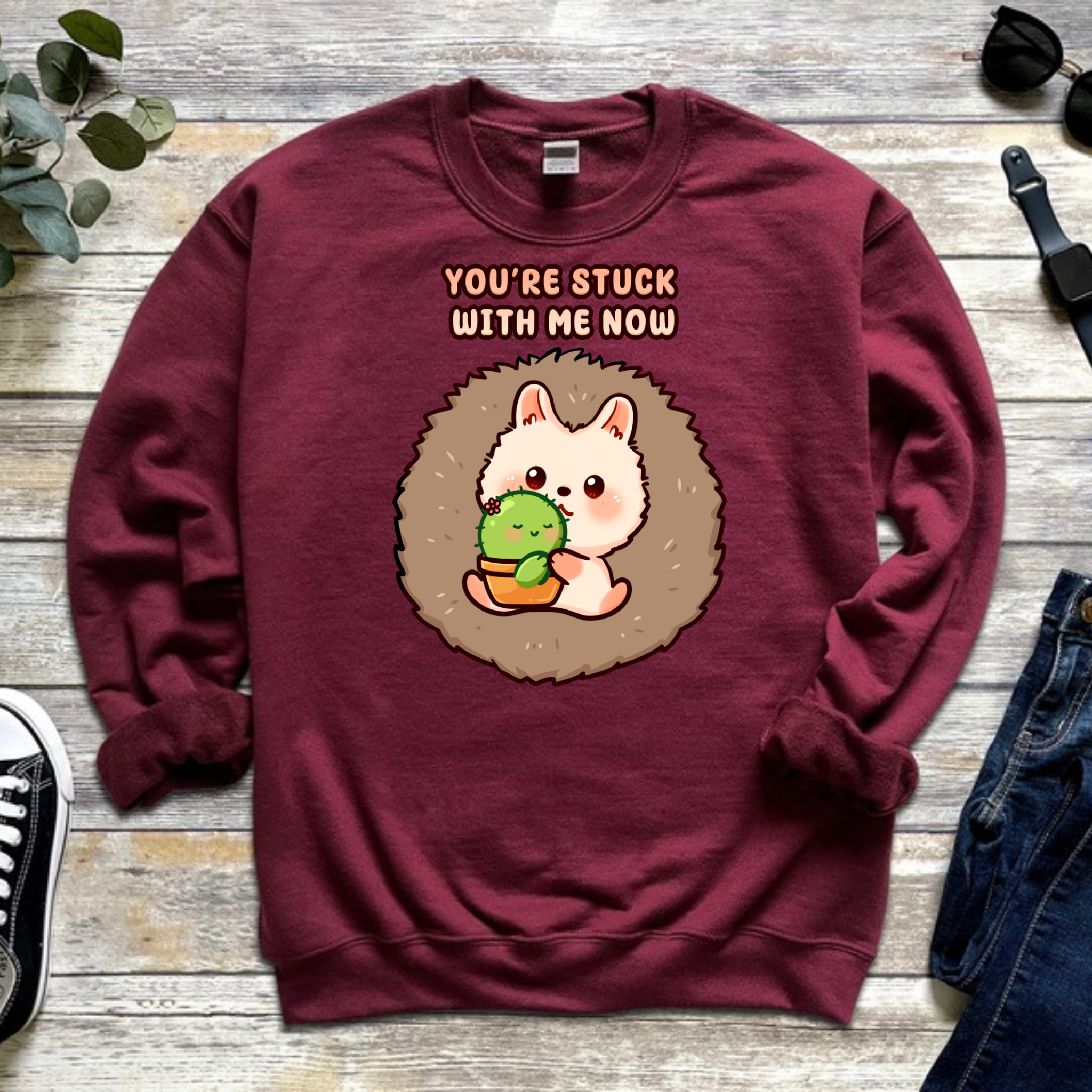 You're Stuck with Me Now Porcupine and Succulent Cactus Couple Sweatshirt