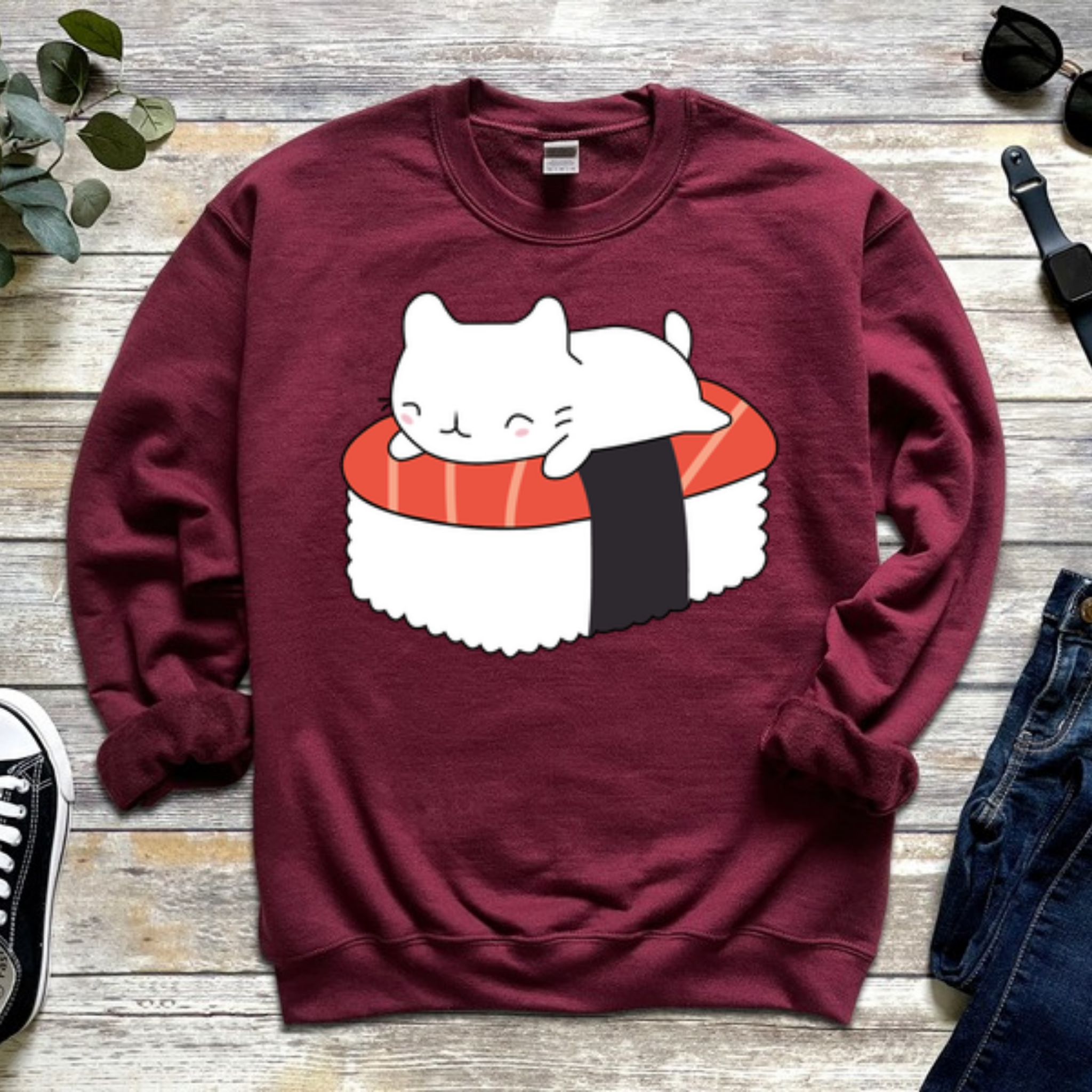 White Kitten on Sushi Bed Sweatshirt