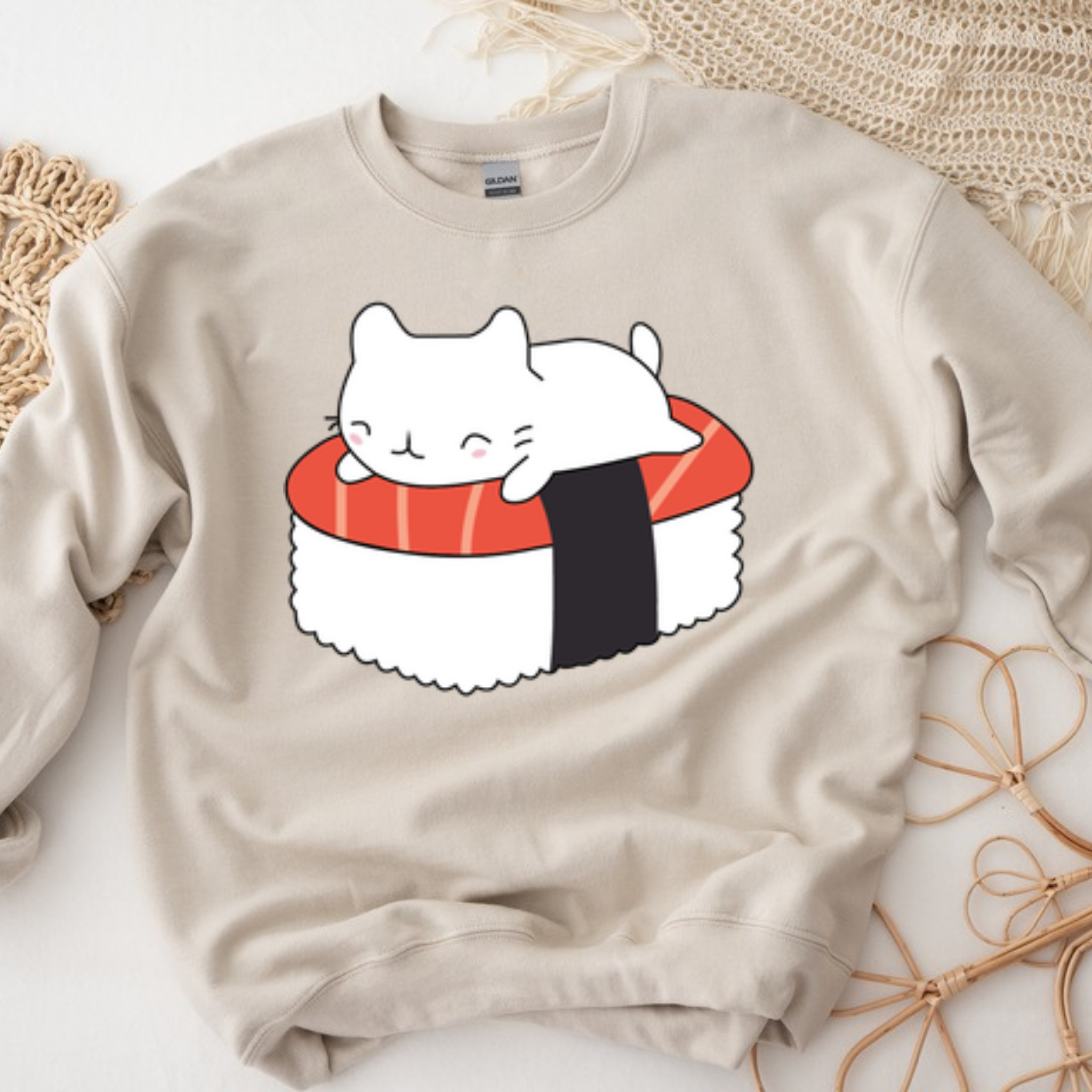 White Kitten on Sushi Bed Sweatshirt