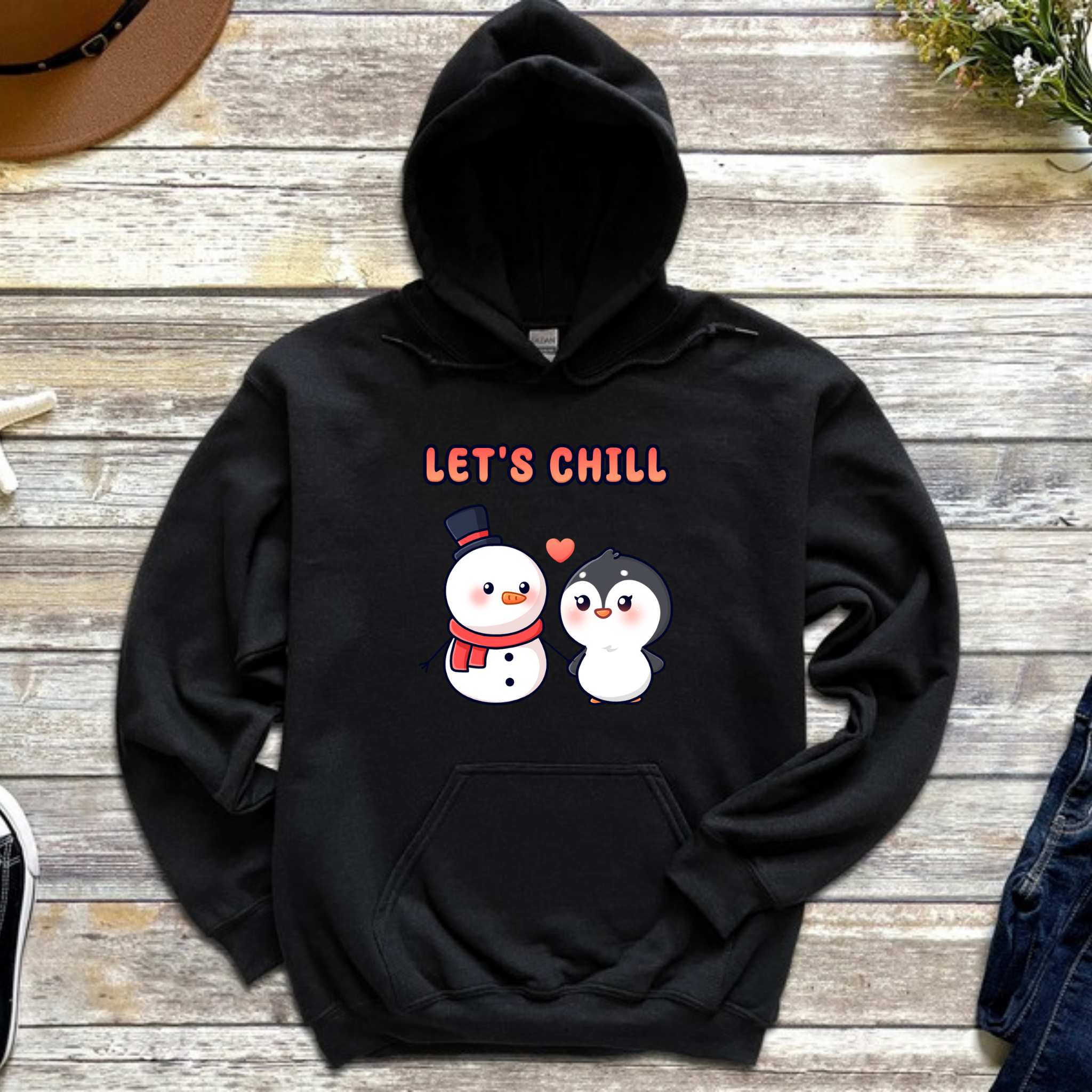 Let's Chill Snowman and Penguin Couple Hoodie