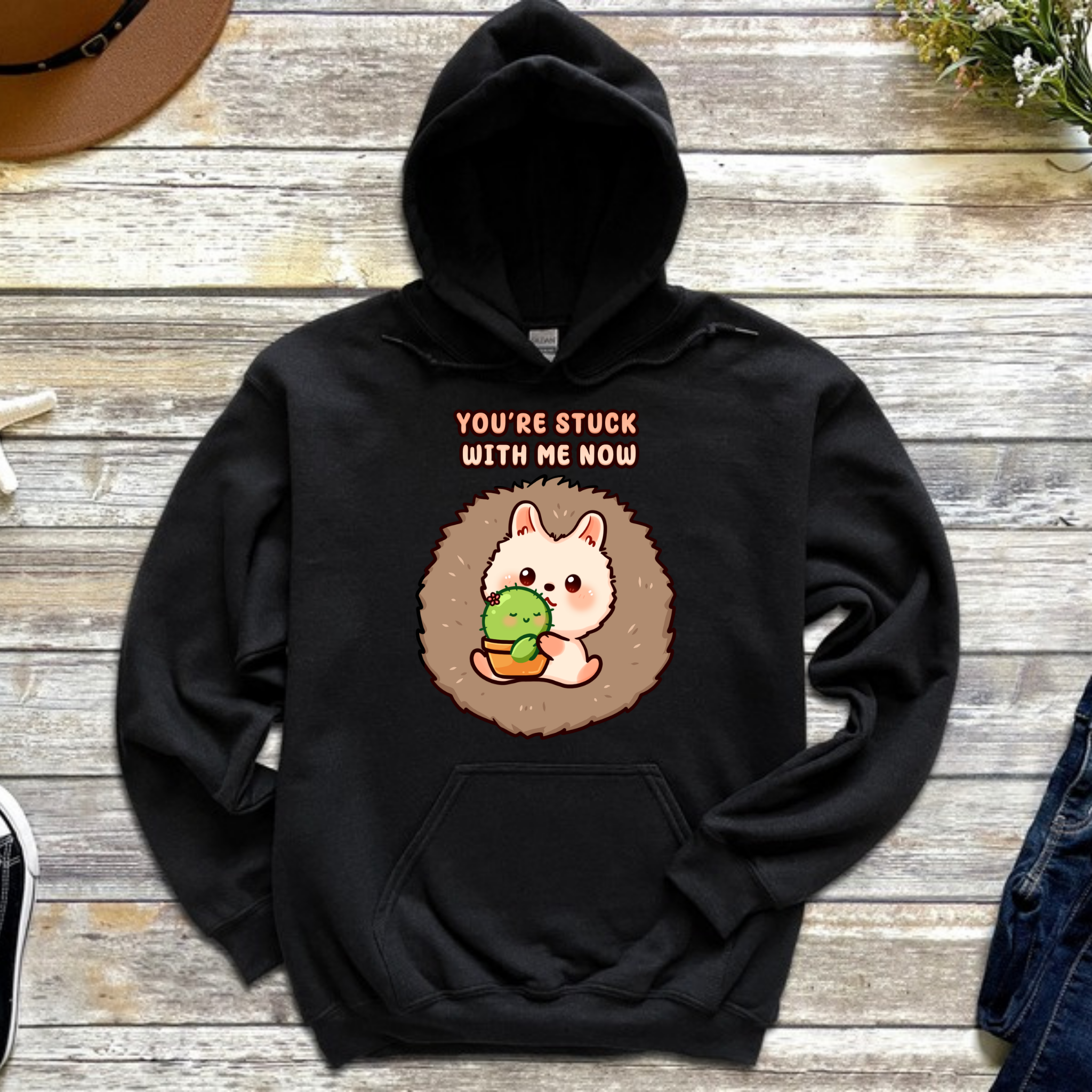 You're Stuck with Me Now Porcupine and Succulent Cactus Couple Hoodie