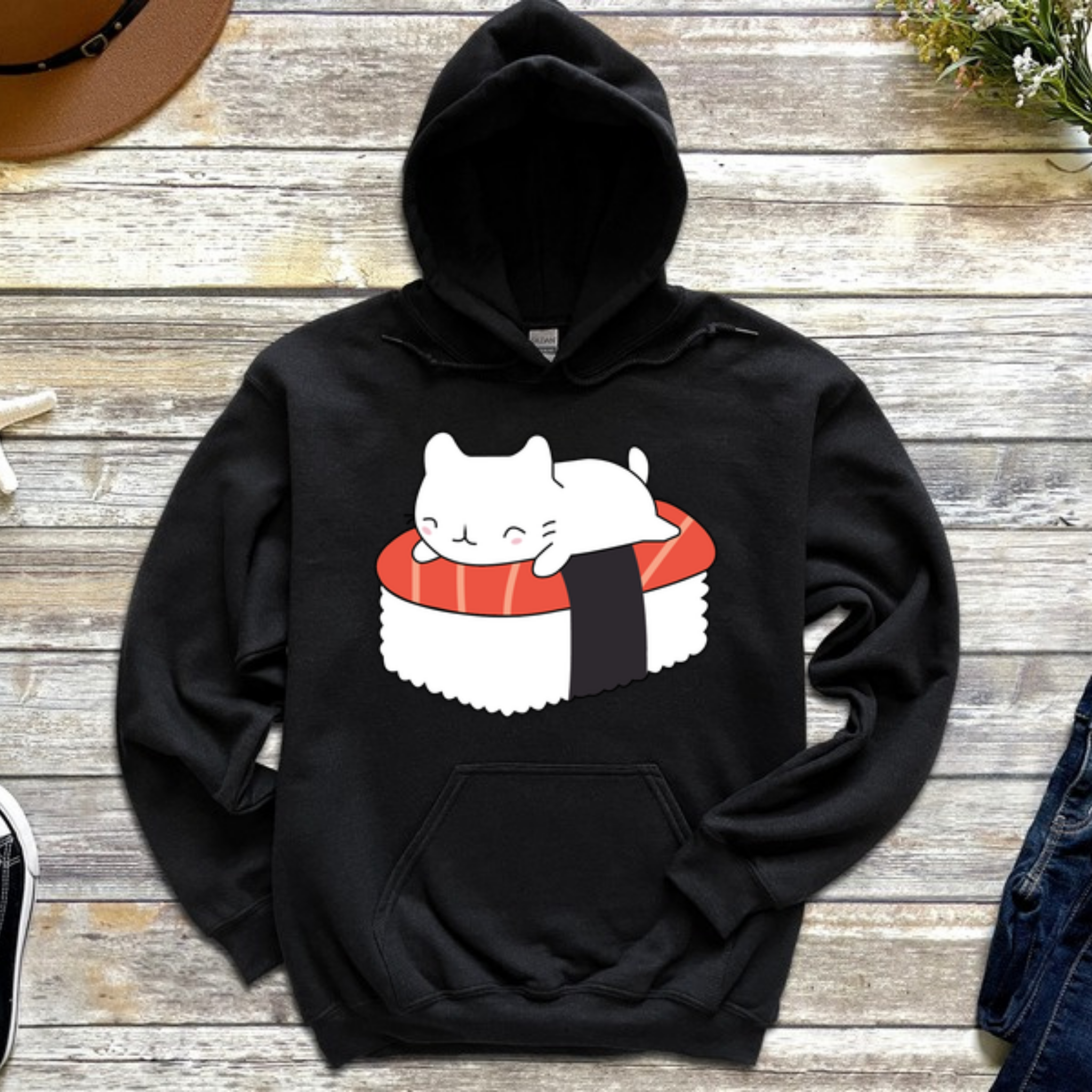 White Kitten on Sushi Bed Hoodie