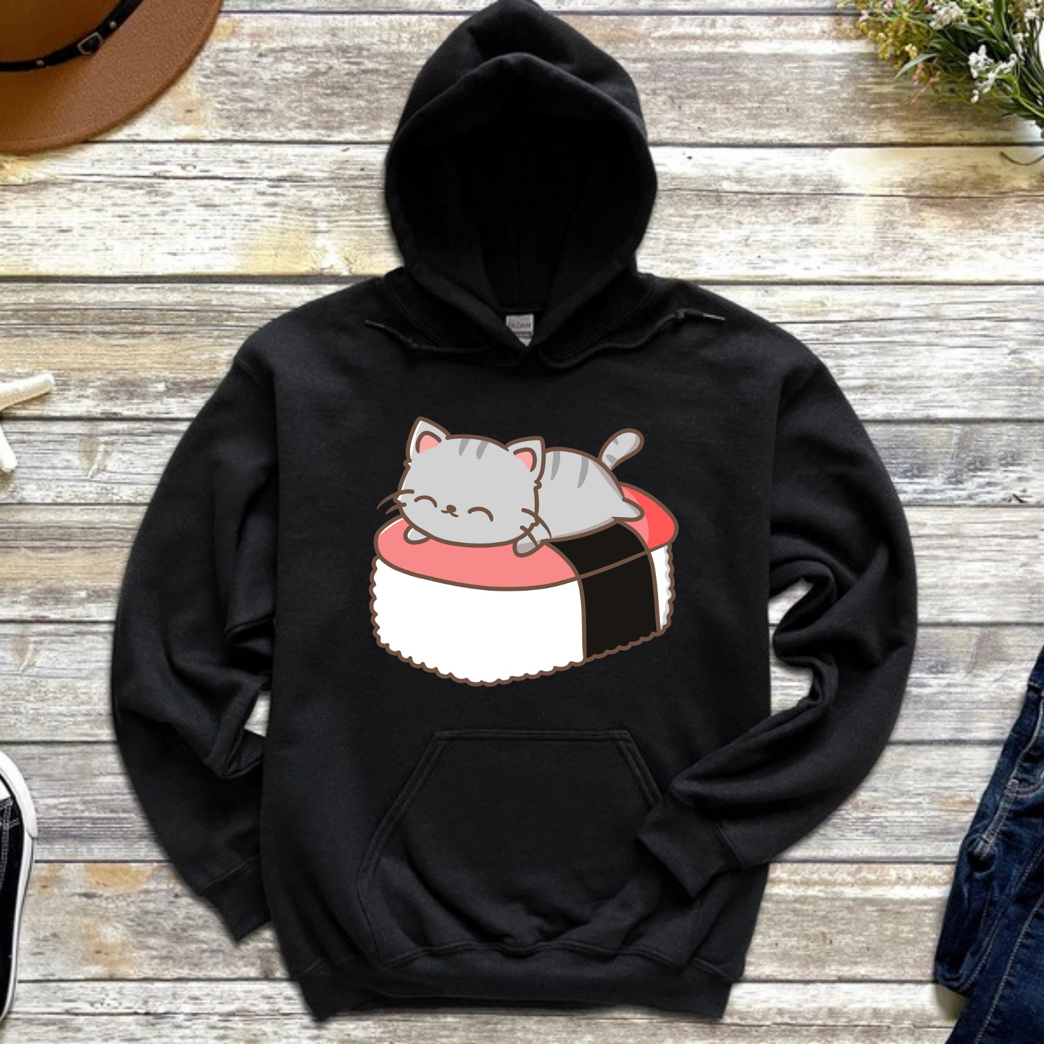 Grey Kitten on Sushi Bed Hoodie