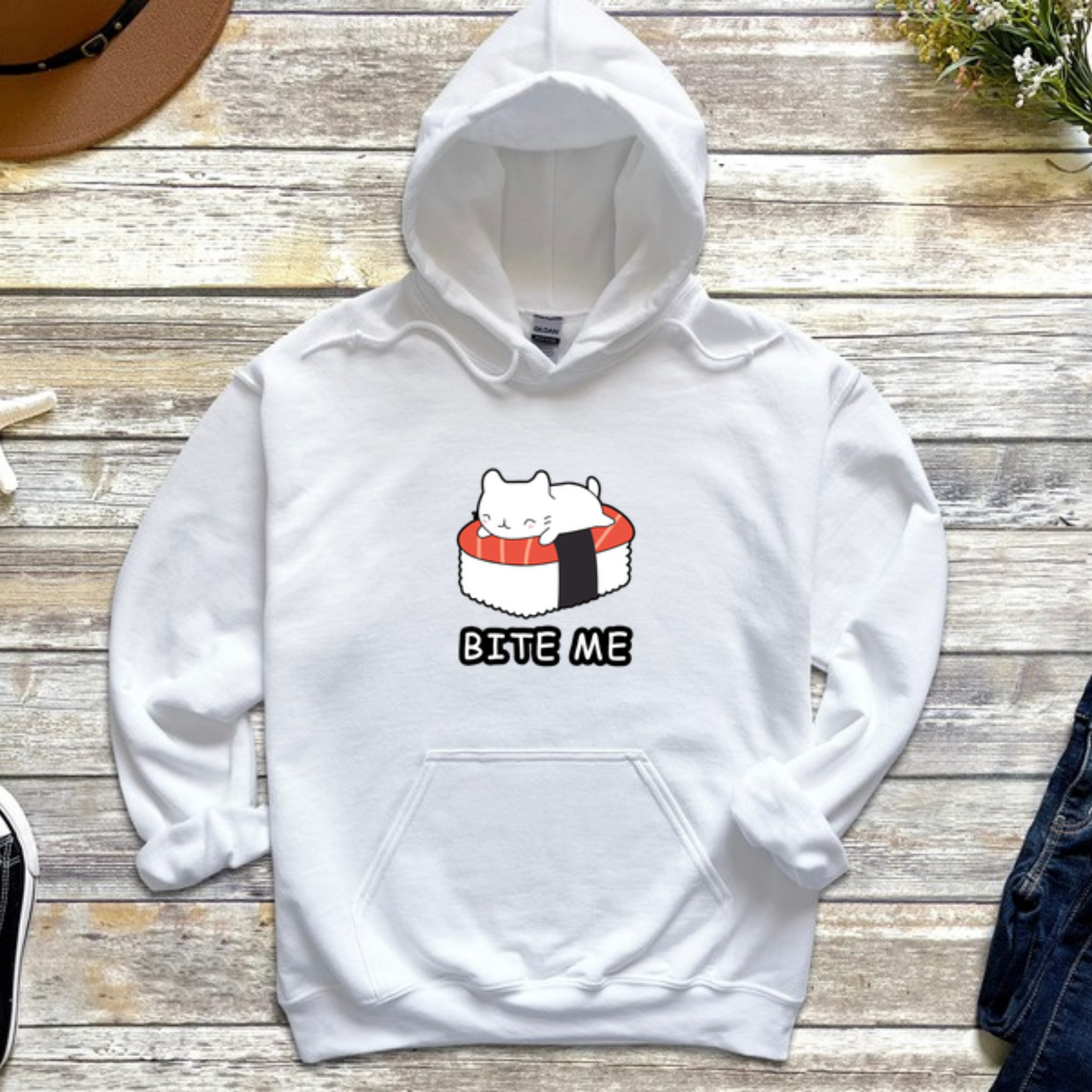 Bite Me White Kitten on Sushi Bed Hoodie