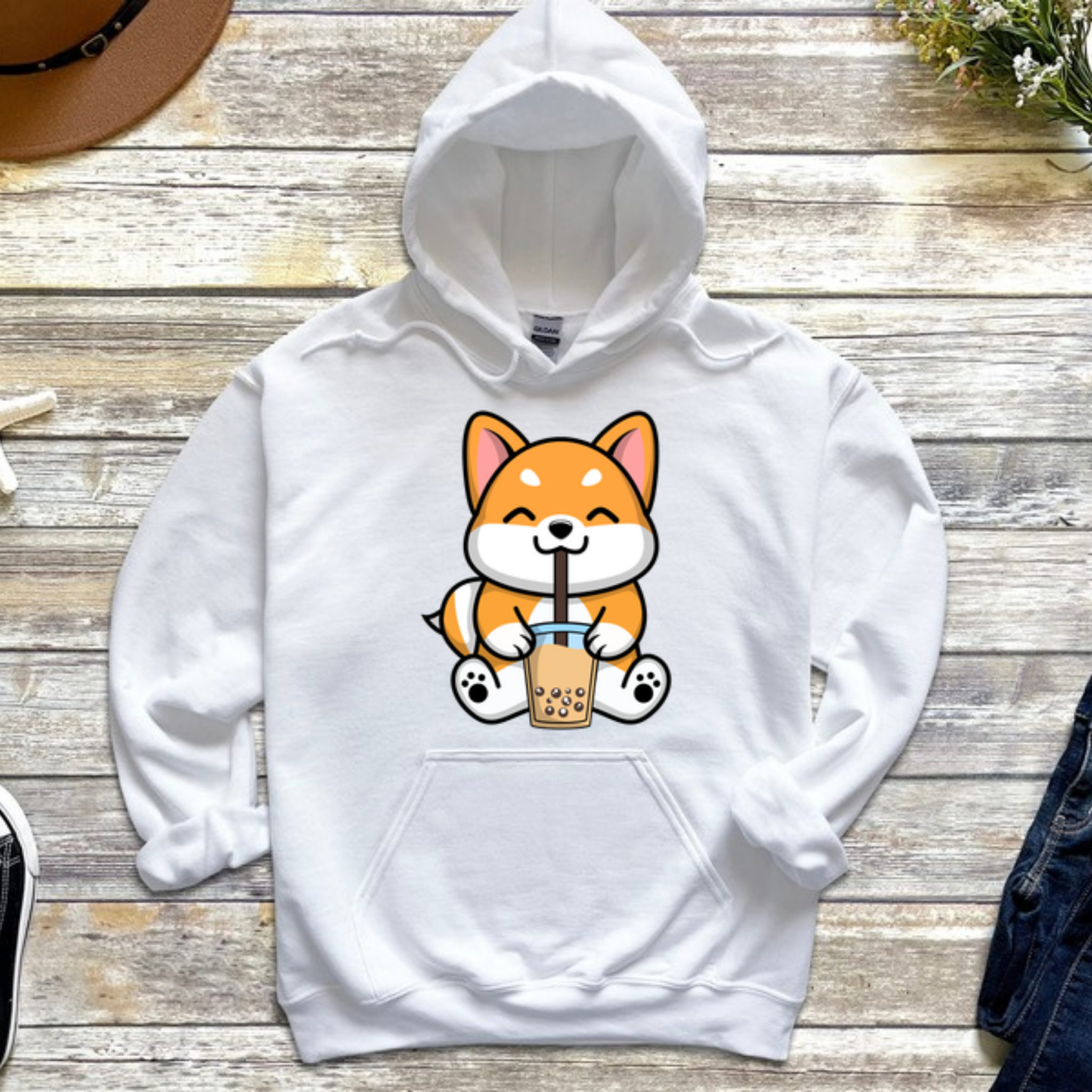 Puppy Drinking Boba Tea Hoodie