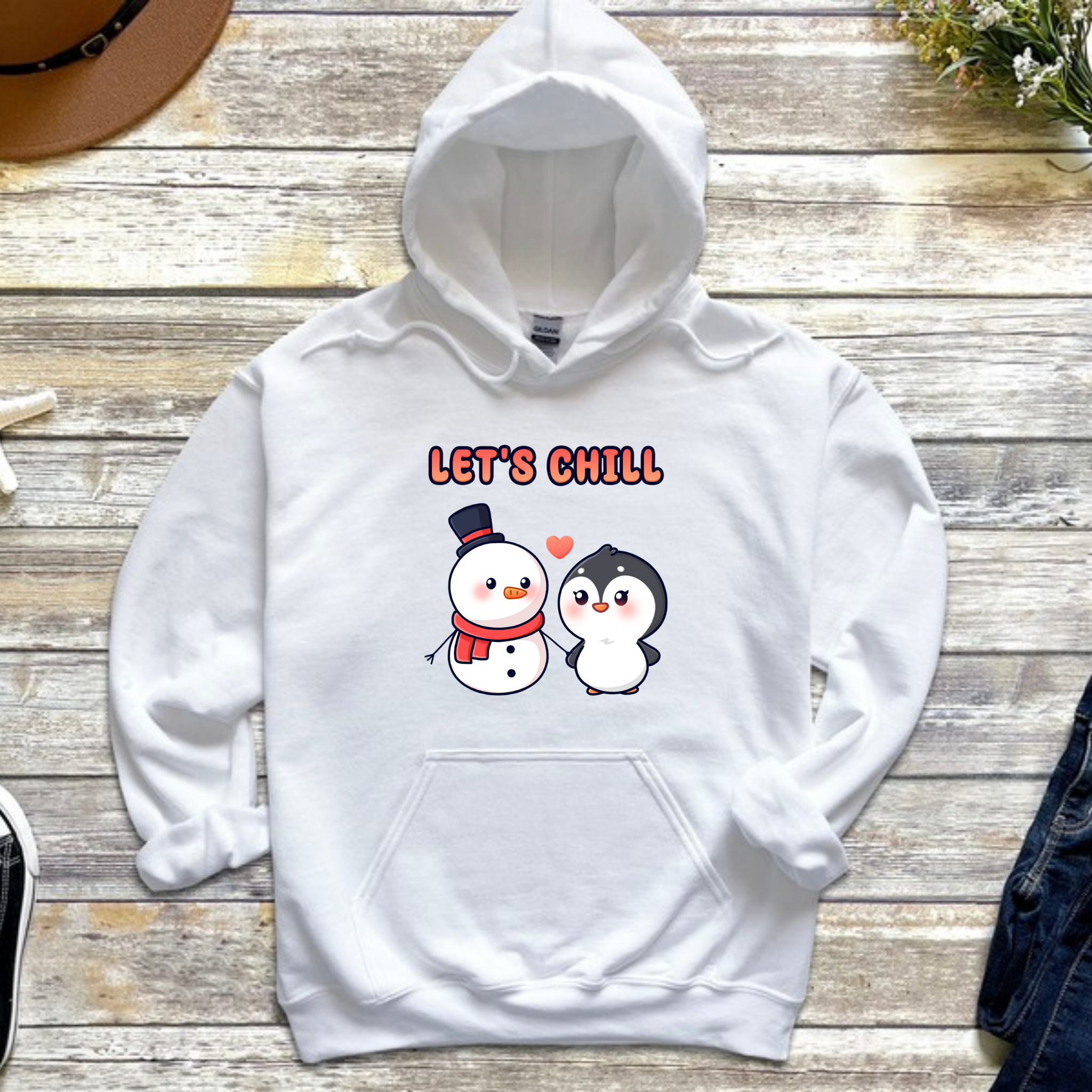 Let's Chill Snowman and Penguin Couple Hoodie
