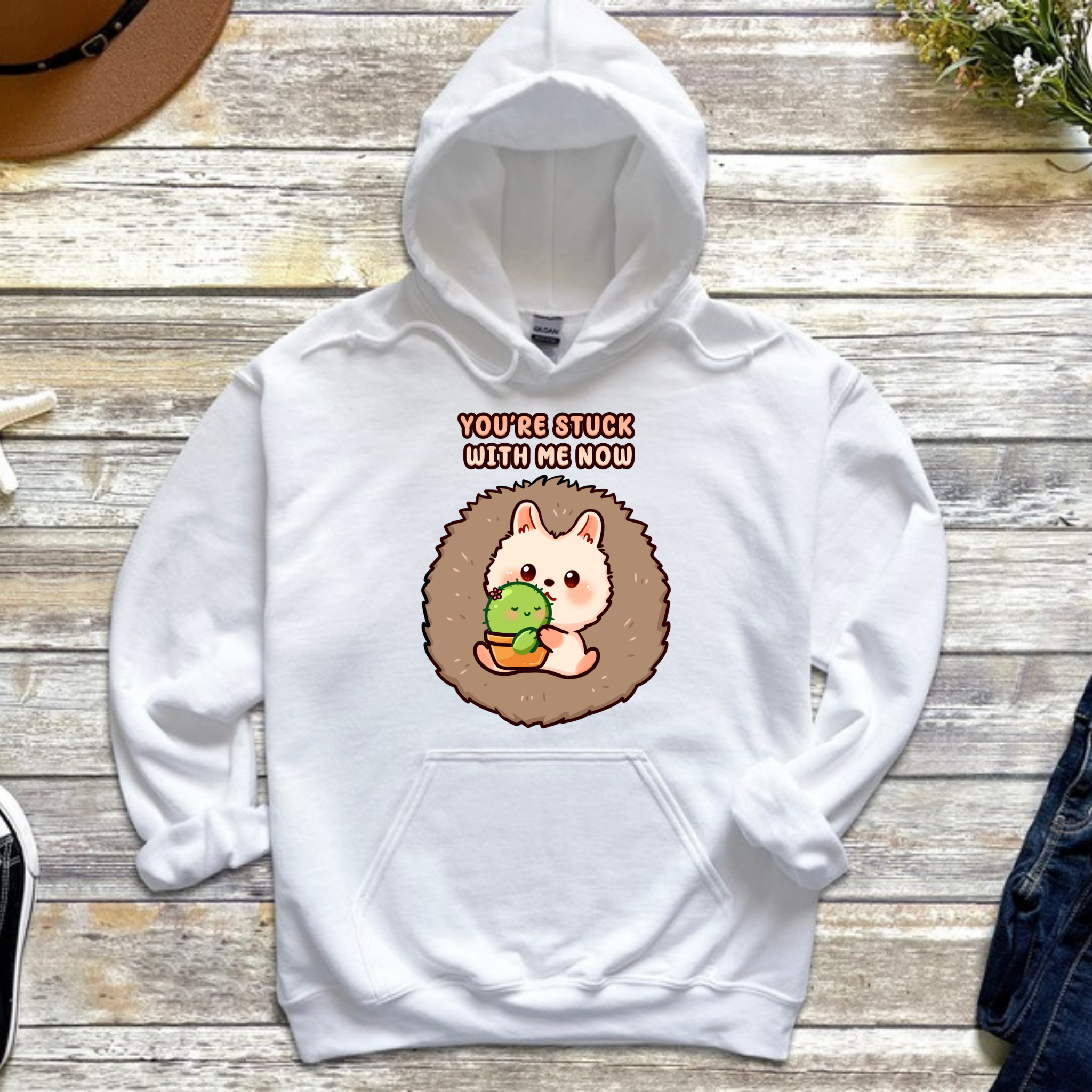 You're Stuck with Me Now Porcupine and Succulent Cactus Couple Hoodie