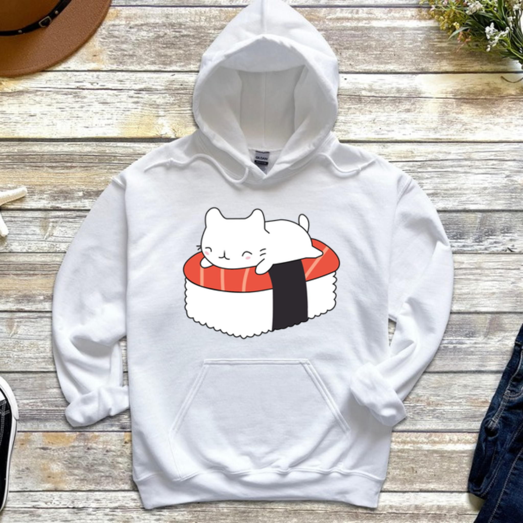 White Kitten on Sushi Bed Hoodie