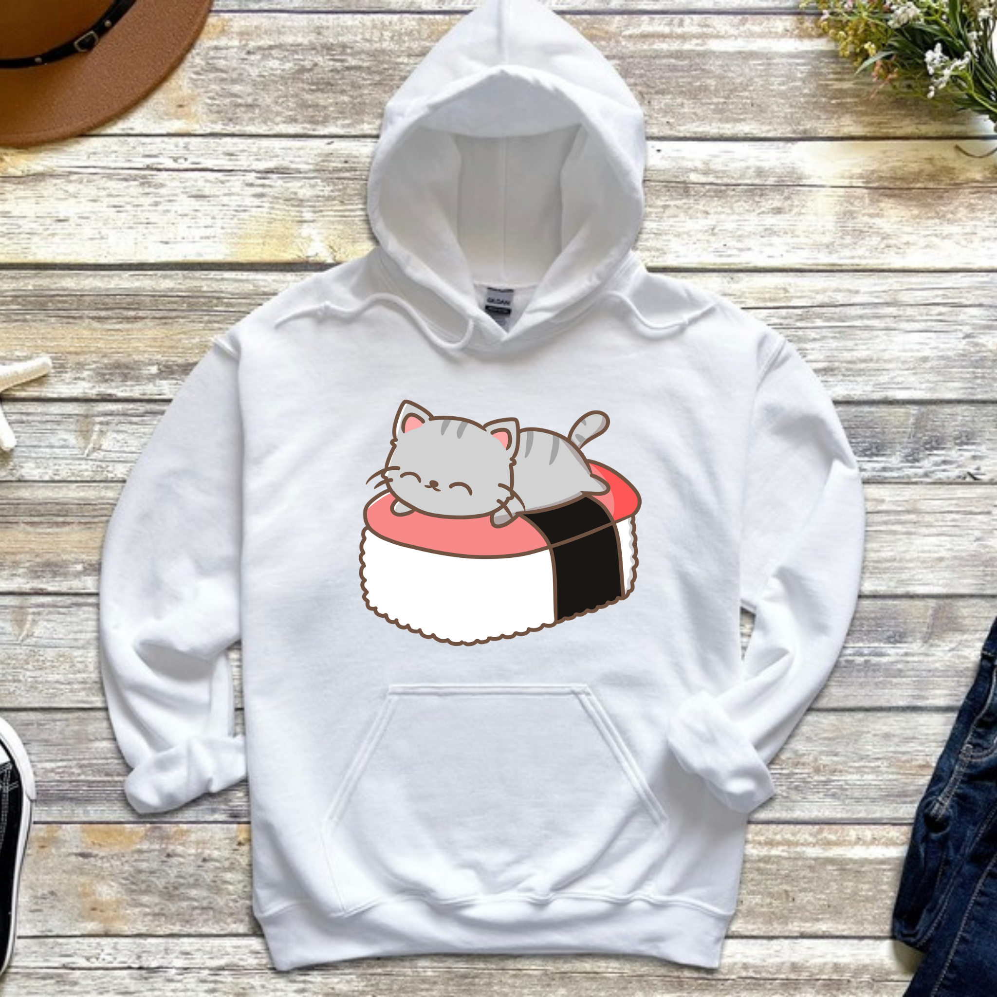 Grey Kitten on Sushi Bed Hoodie