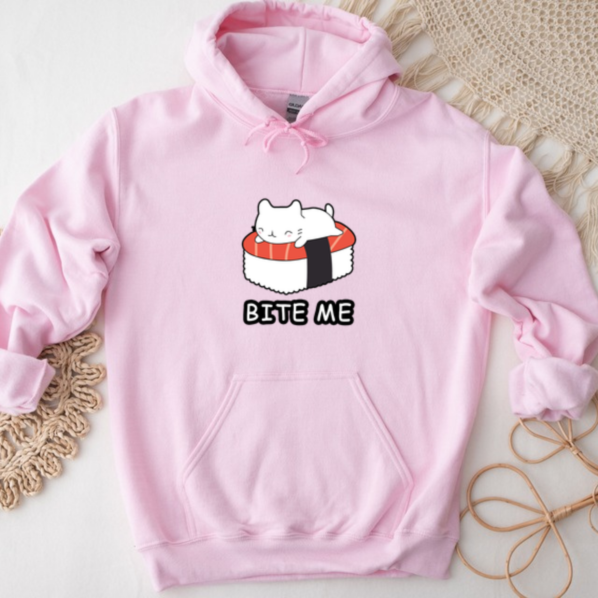 Bite Me White Kitten on Sushi Bed Hoodie