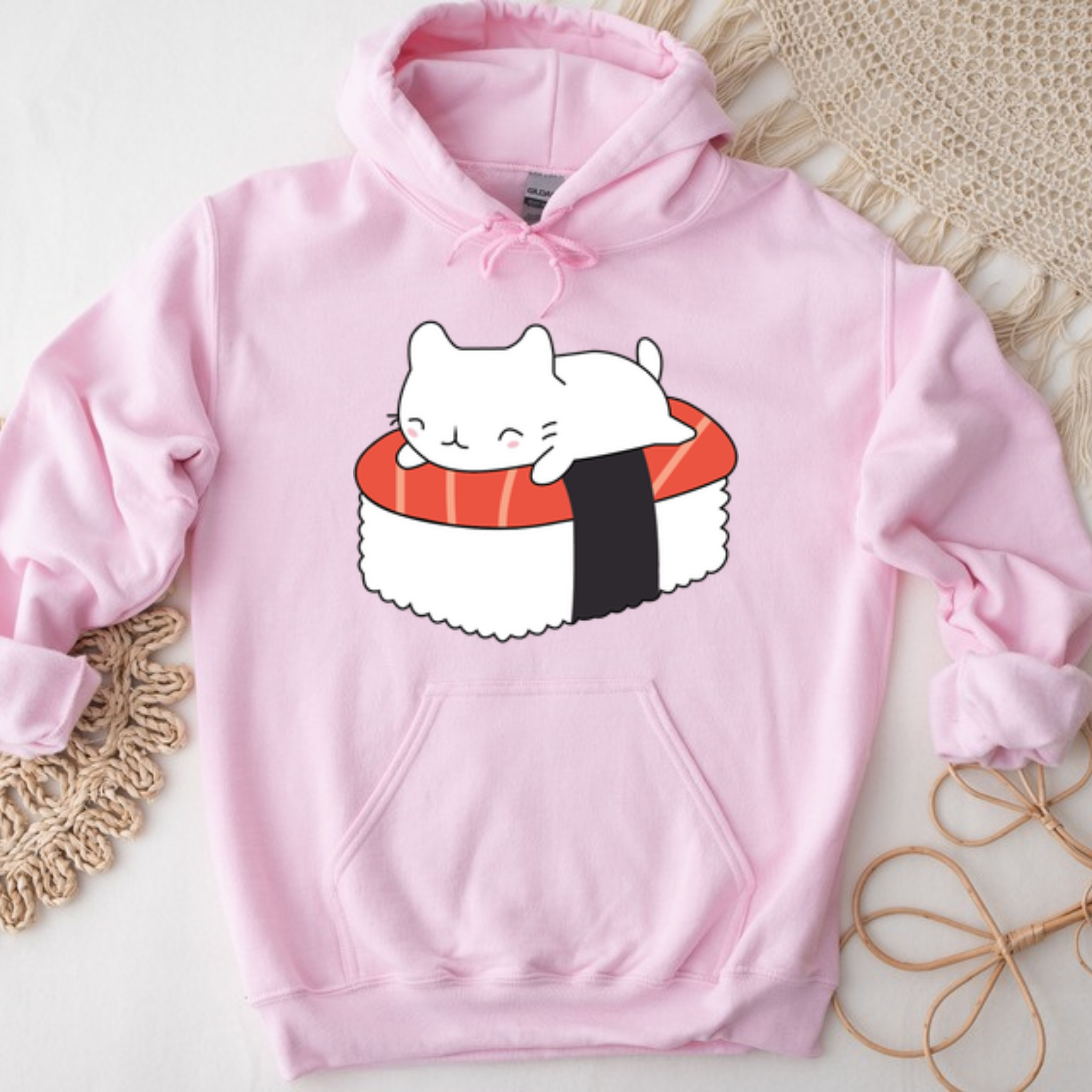 White Kitten on Sushi Bed Hoodie