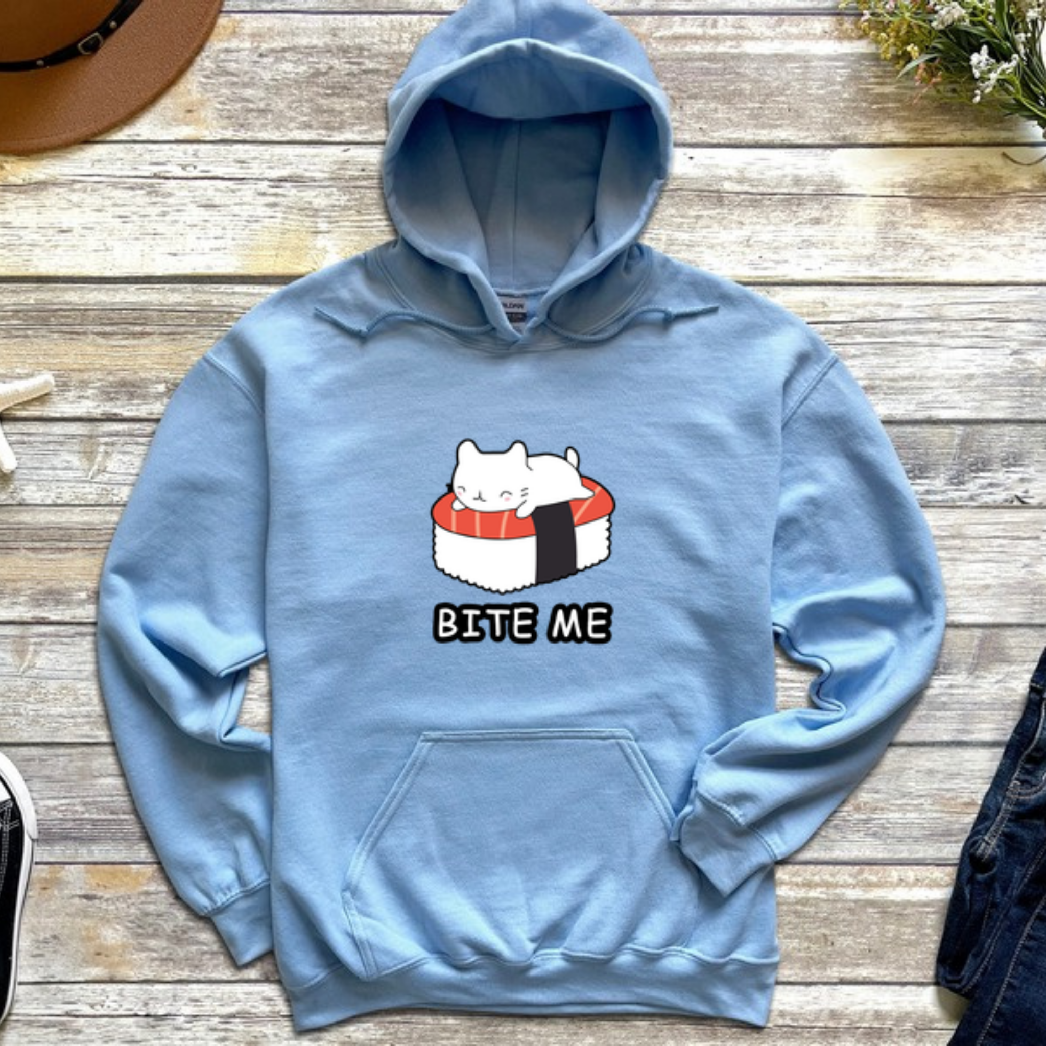 Bite Me White Kitten on Sushi Bed Hoodie