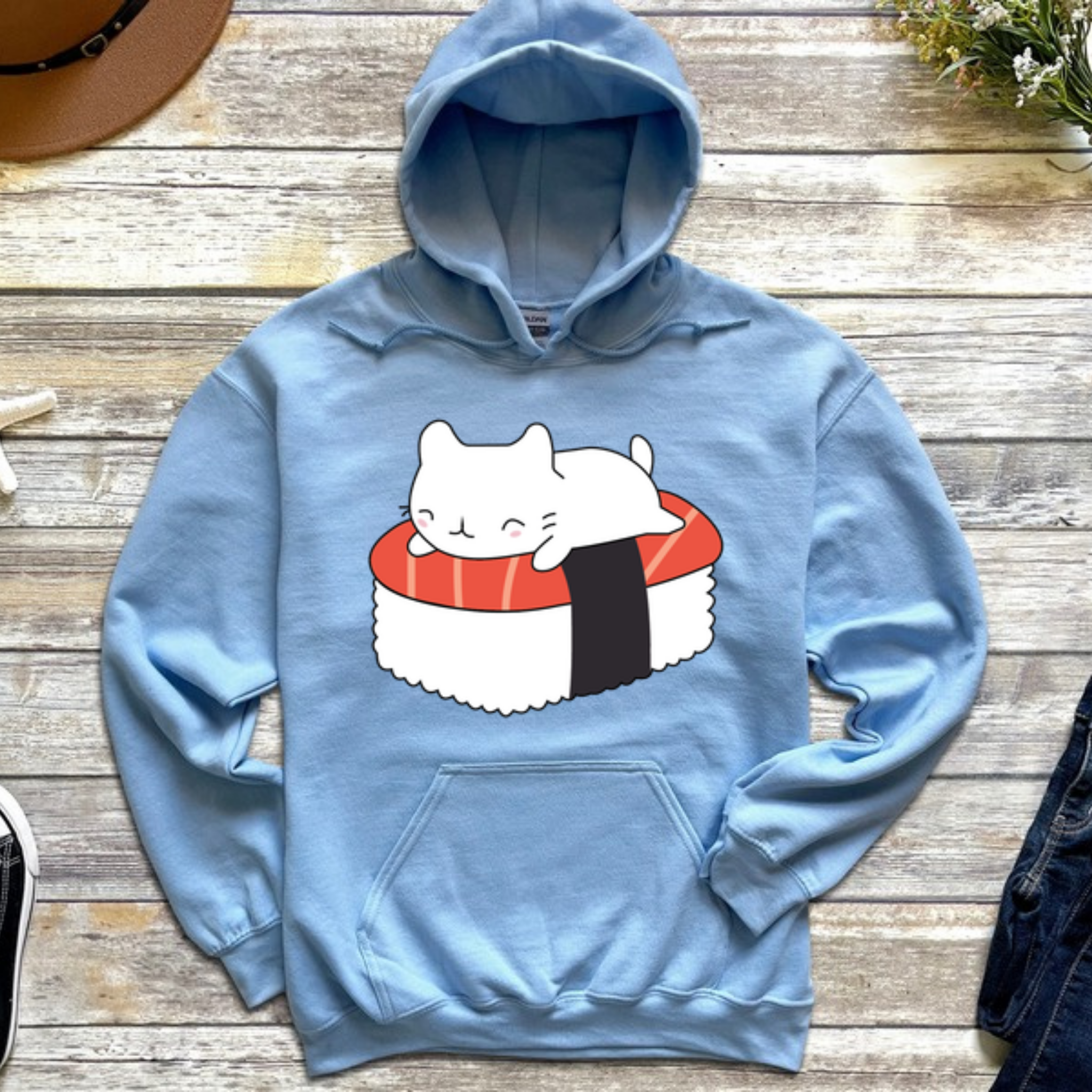 White Kitten on Sushi Bed Hoodie
