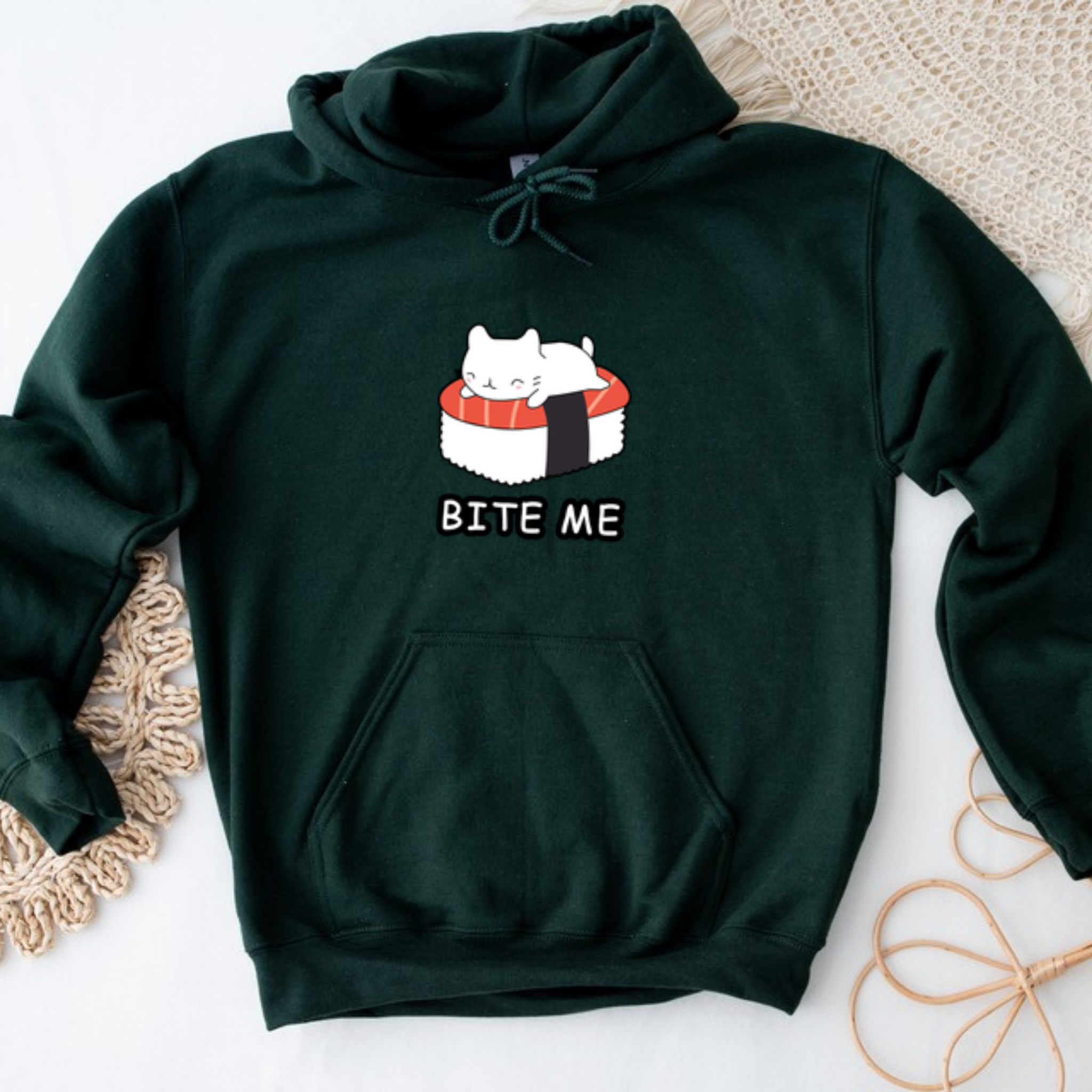 Bite Me White Kitten on Sushi Bed Hoodie