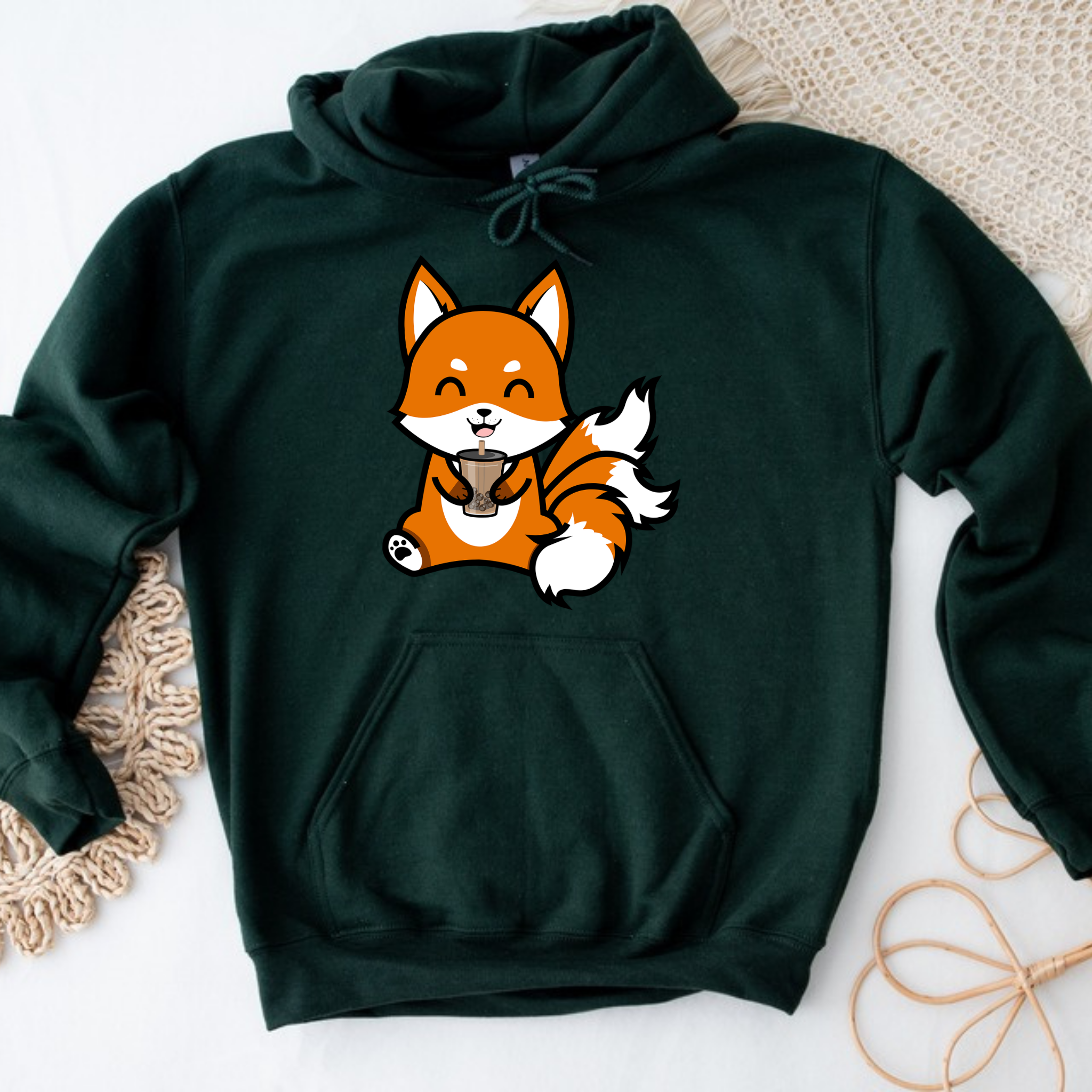 3-Tailed Fox Drinking Boba Tea Hoodie