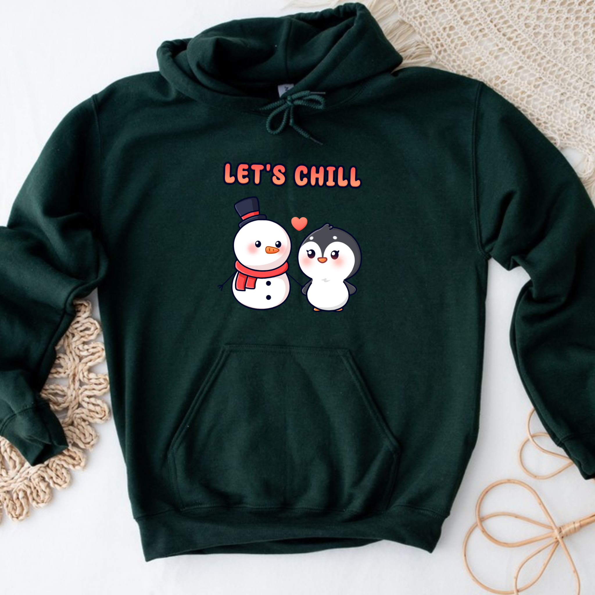 Let's Chill Snowman and Penguin Couple Hoodie