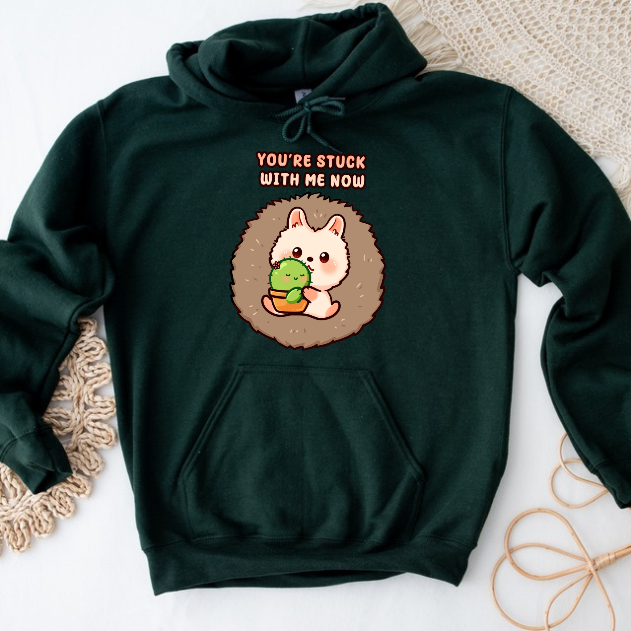 You're Stuck with Me Now Porcupine and Succulent Cactus Couple Hoodie