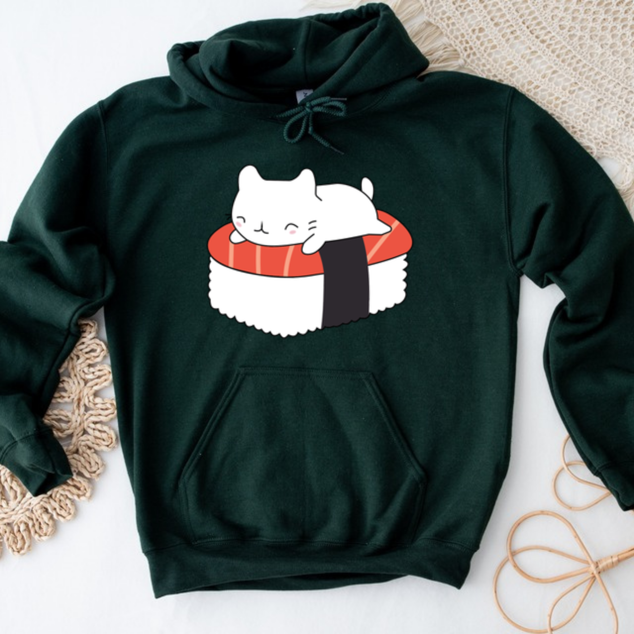 White Kitten on Sushi Bed Hoodie