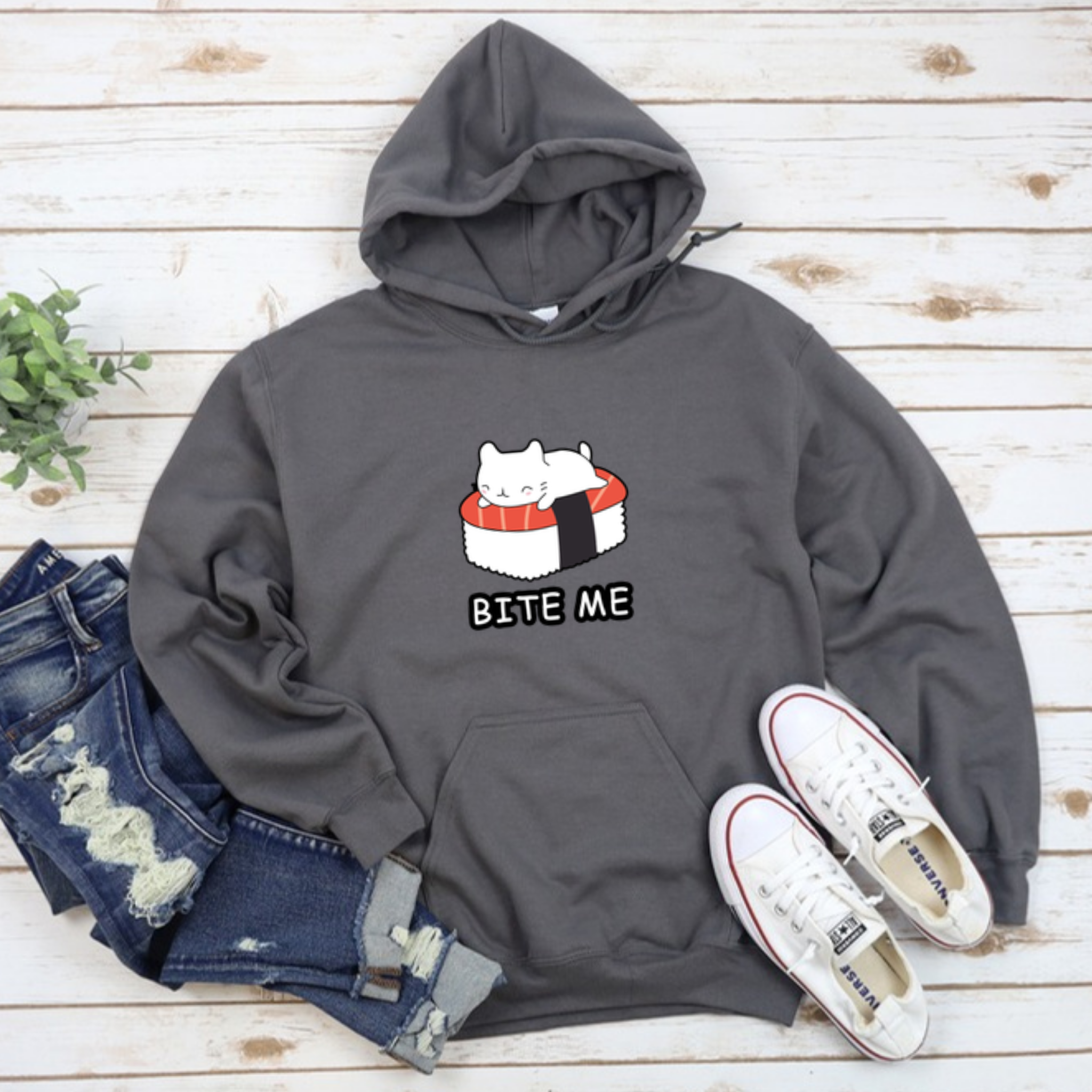 Bite Me White Kitten on Sushi Bed Hoodie