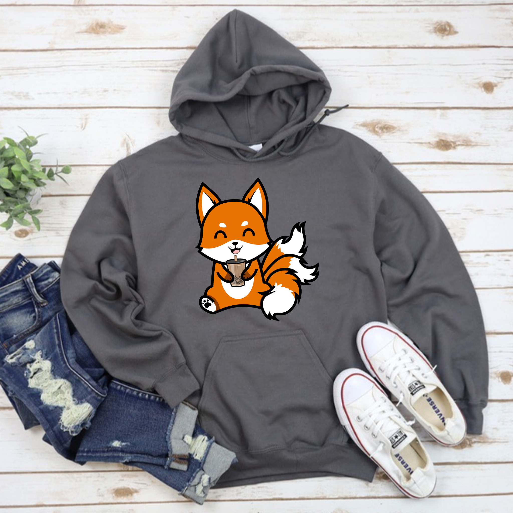 3-Tailed Fox Drinking Boba Tea Hoodie