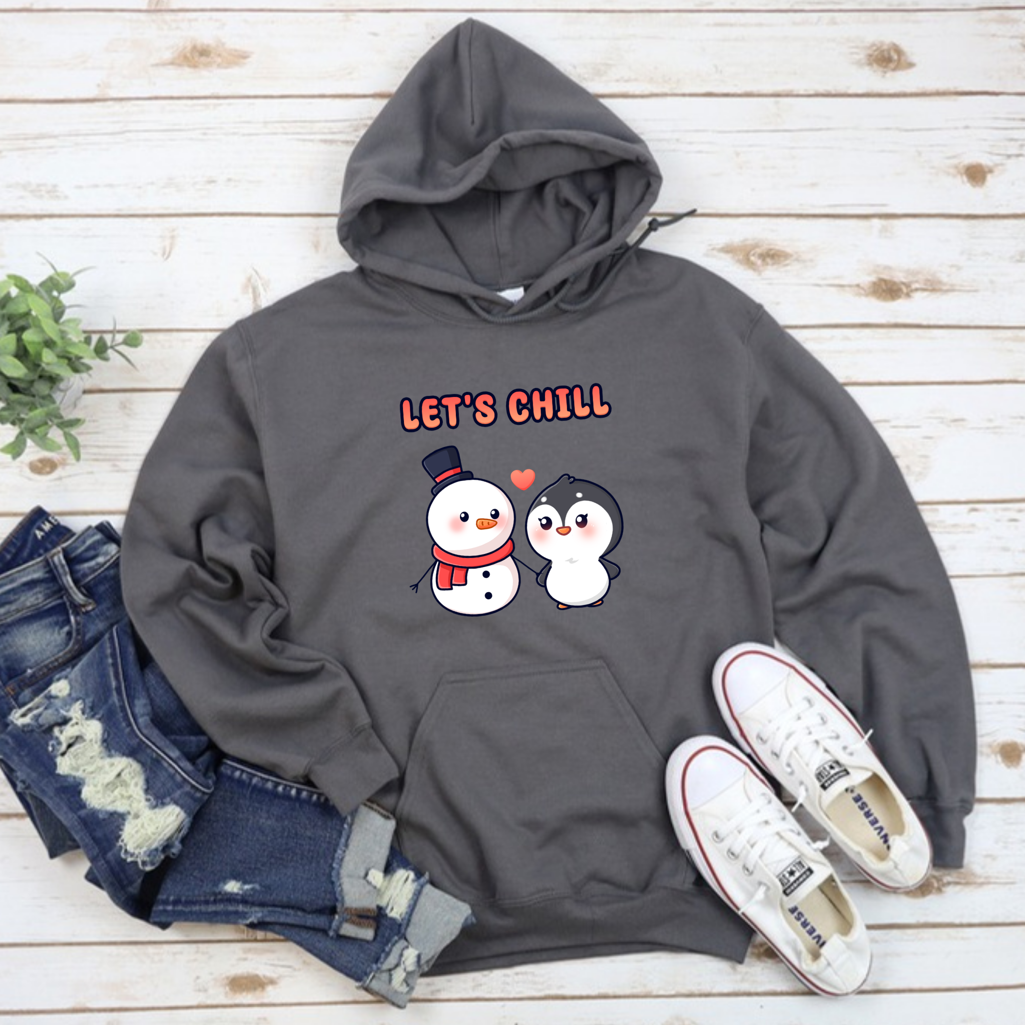 Let's Chill Snowman and Penguin Couple Hoodie