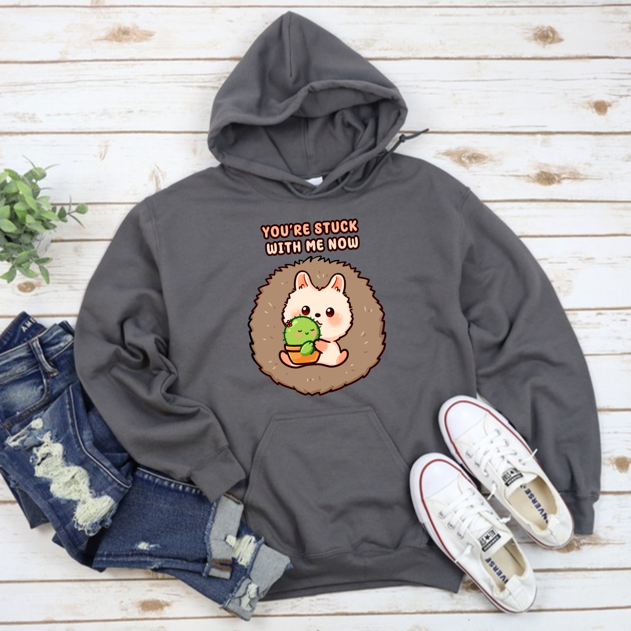 You're Stuck with Me Now Porcupine and Succulent Cactus Couple Hoodie